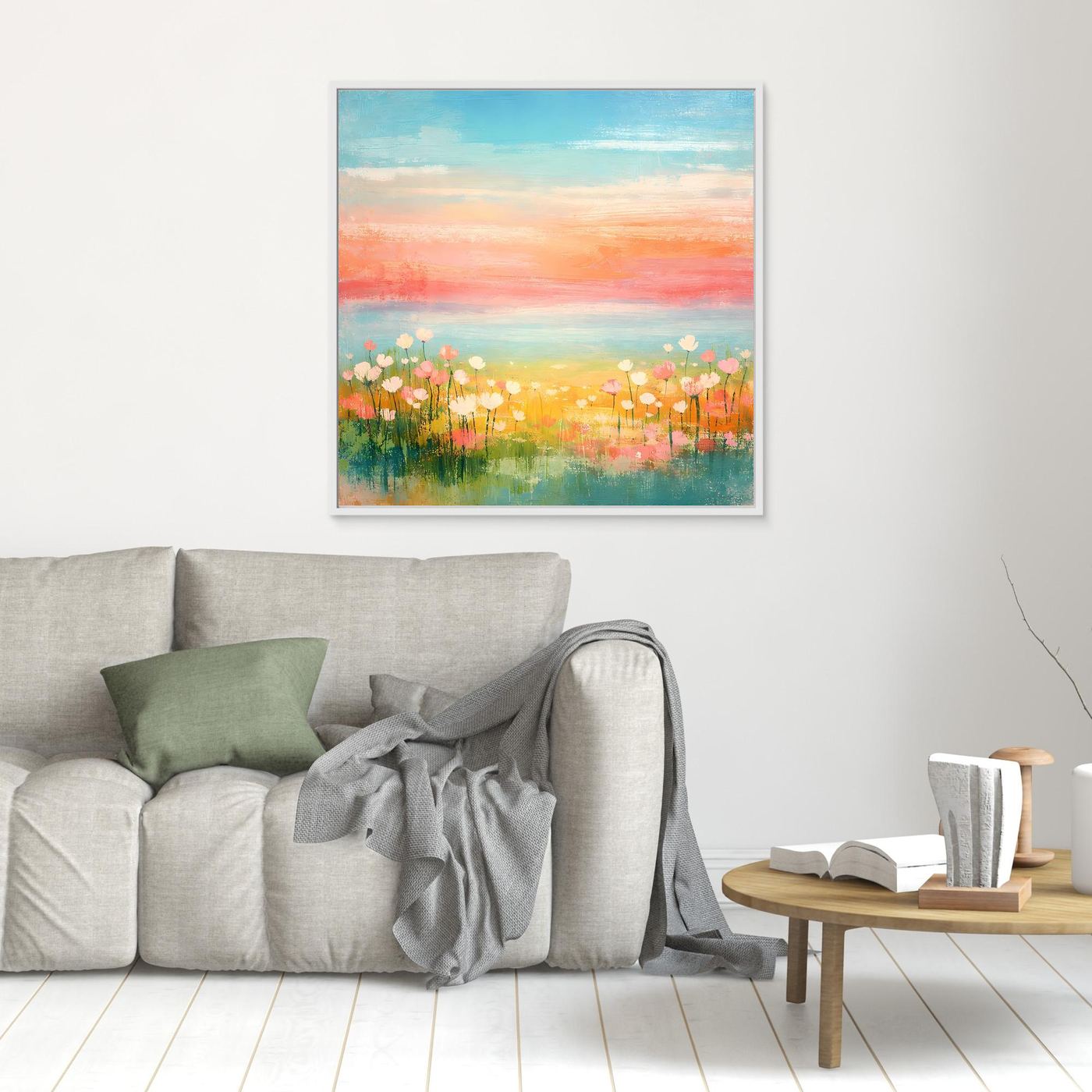 Leinwand-Wandbild: abstrakte Blumenwiese am Meer, Pastellhimmel, ungerahmt