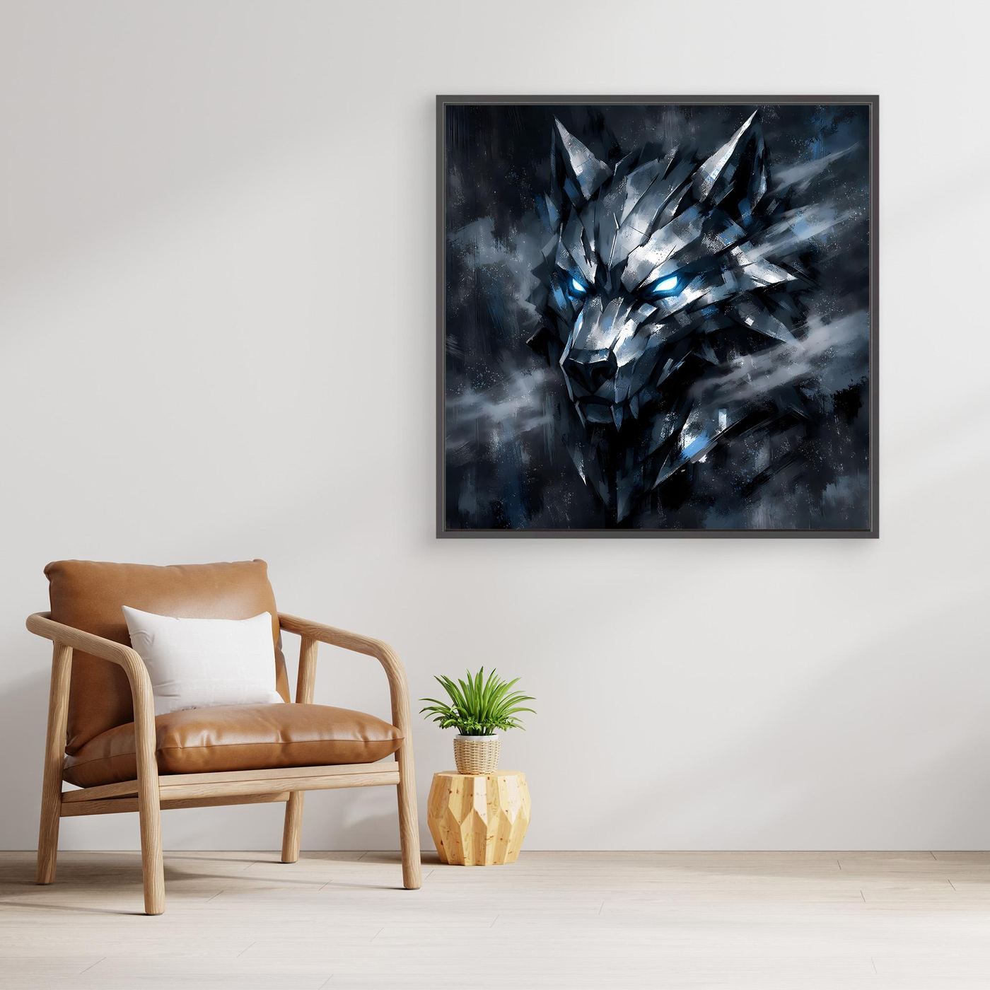 Leinwand-Wandbild: geometrischer Wolf mit leuchtenden Augen, dunkel gerahmt