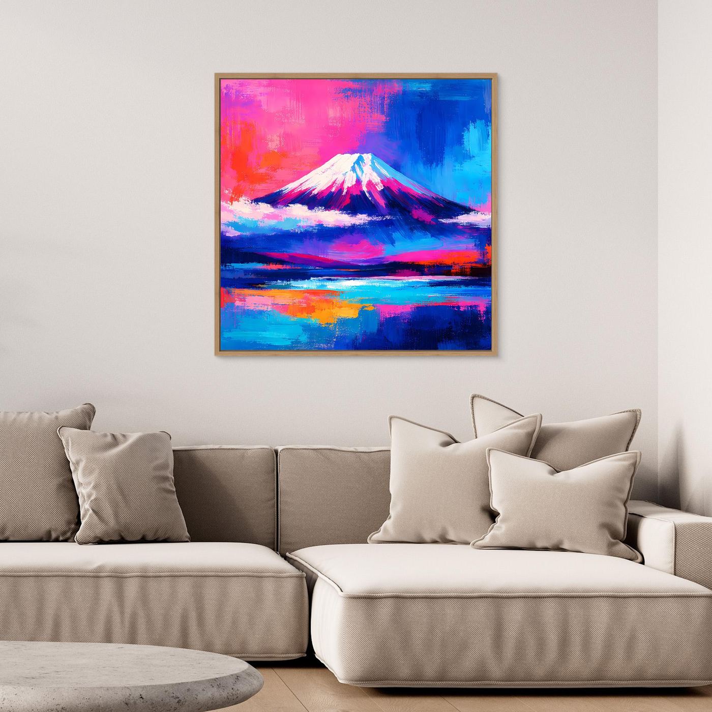 Leinwandbild Abstrakter Fuji bei Sonnenuntergang | Farbenfrohes Berg Wandbild auf echtem Holzkeilrahmen