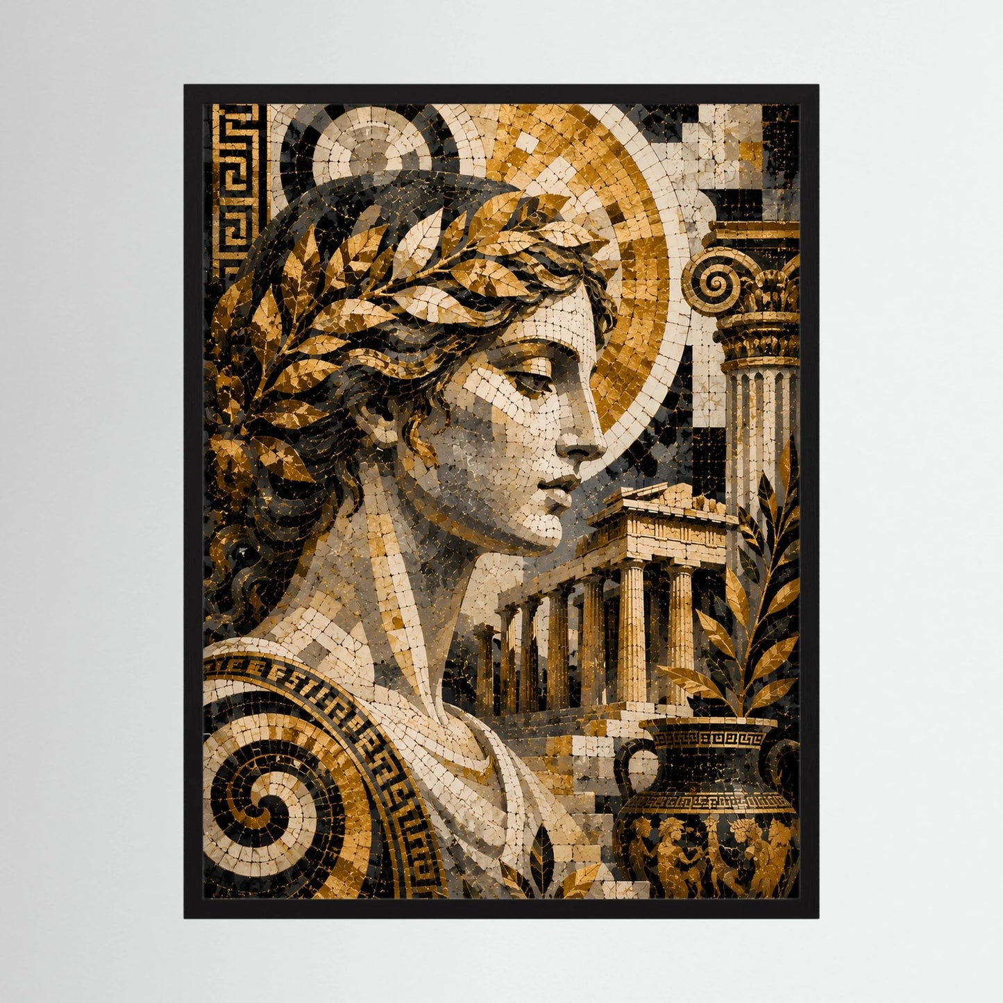 Hochformat-Poster mit antikem Mosaik einer griechischen Göttin in Gold und Schwarz