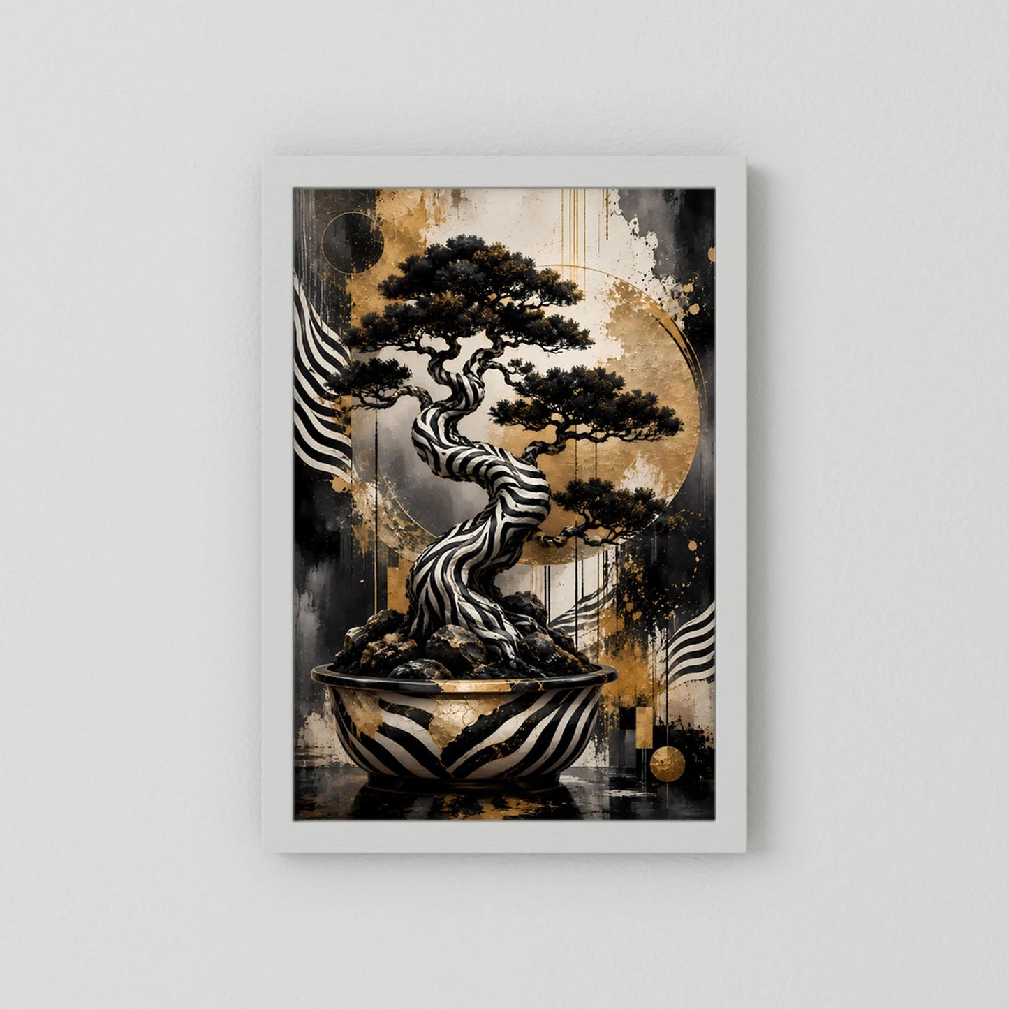 Zebra Bonsai | Abstrakter Baum in Schwarz Weiß Gold | Poster Hochformat