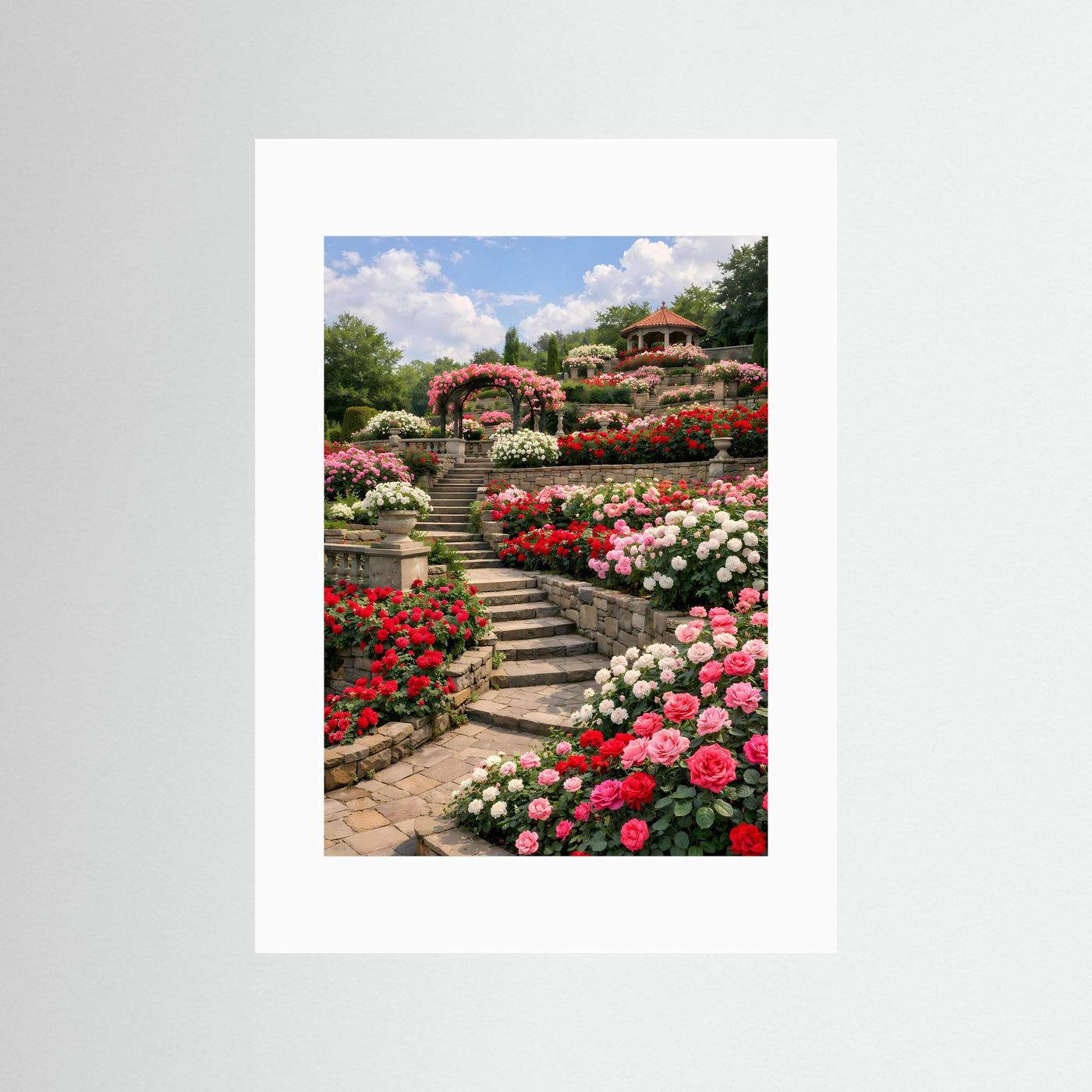 Blumenposter mit Rosenbeeten und Steintreppe, ohne Rahmen, mit weißem Rand, Hochformat