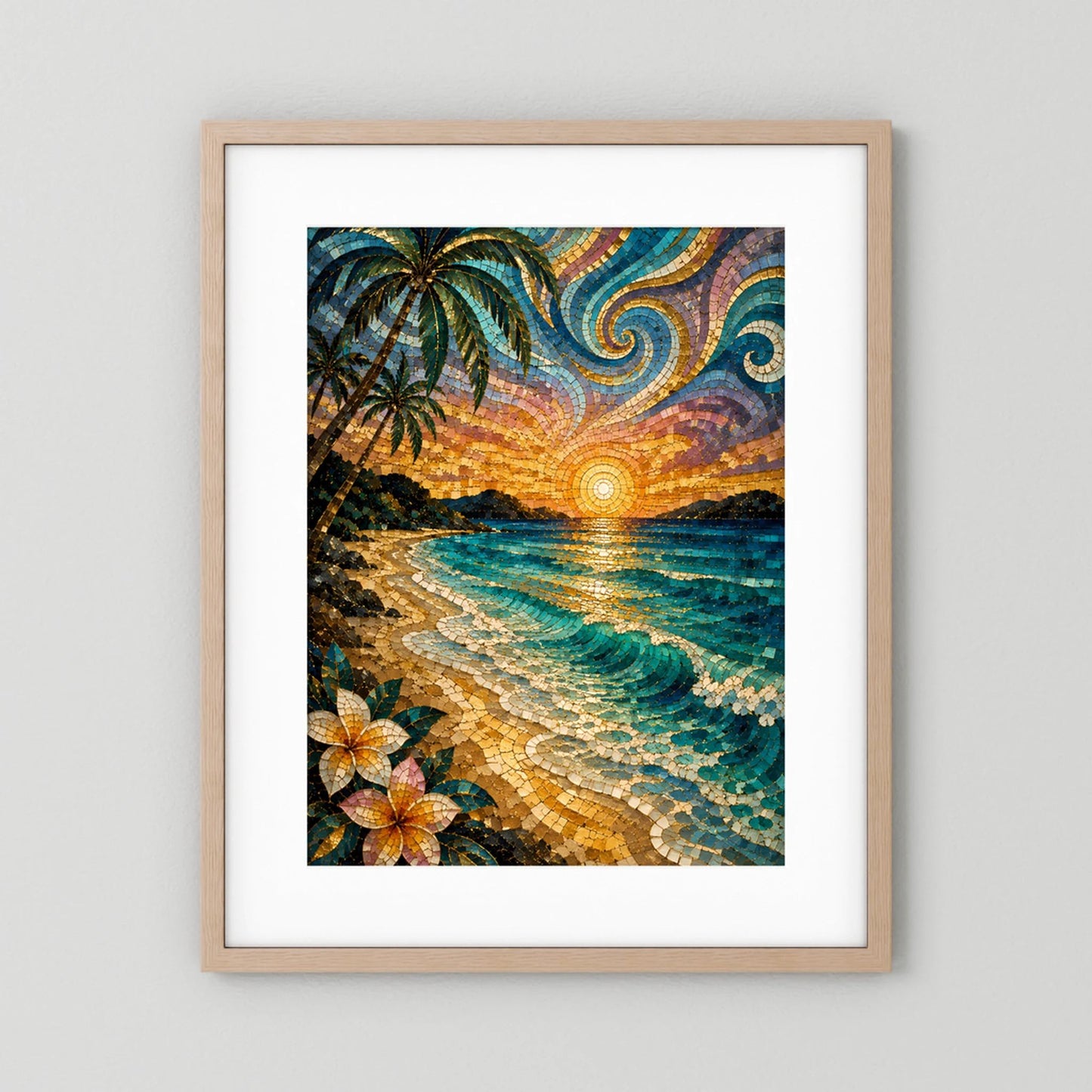 Poster im hellen Holzrahmen mit weißem Rand, Mosaikbild: tropischer Strand, Meer und Sonnenuntergang.
