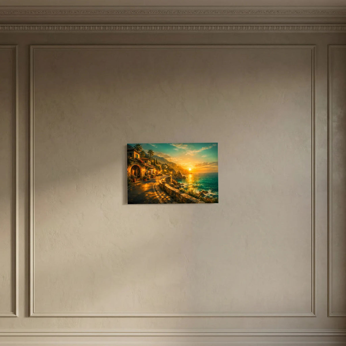 Wandbild im Querformat mit Küstenlandschaft im Sonnenuntergang