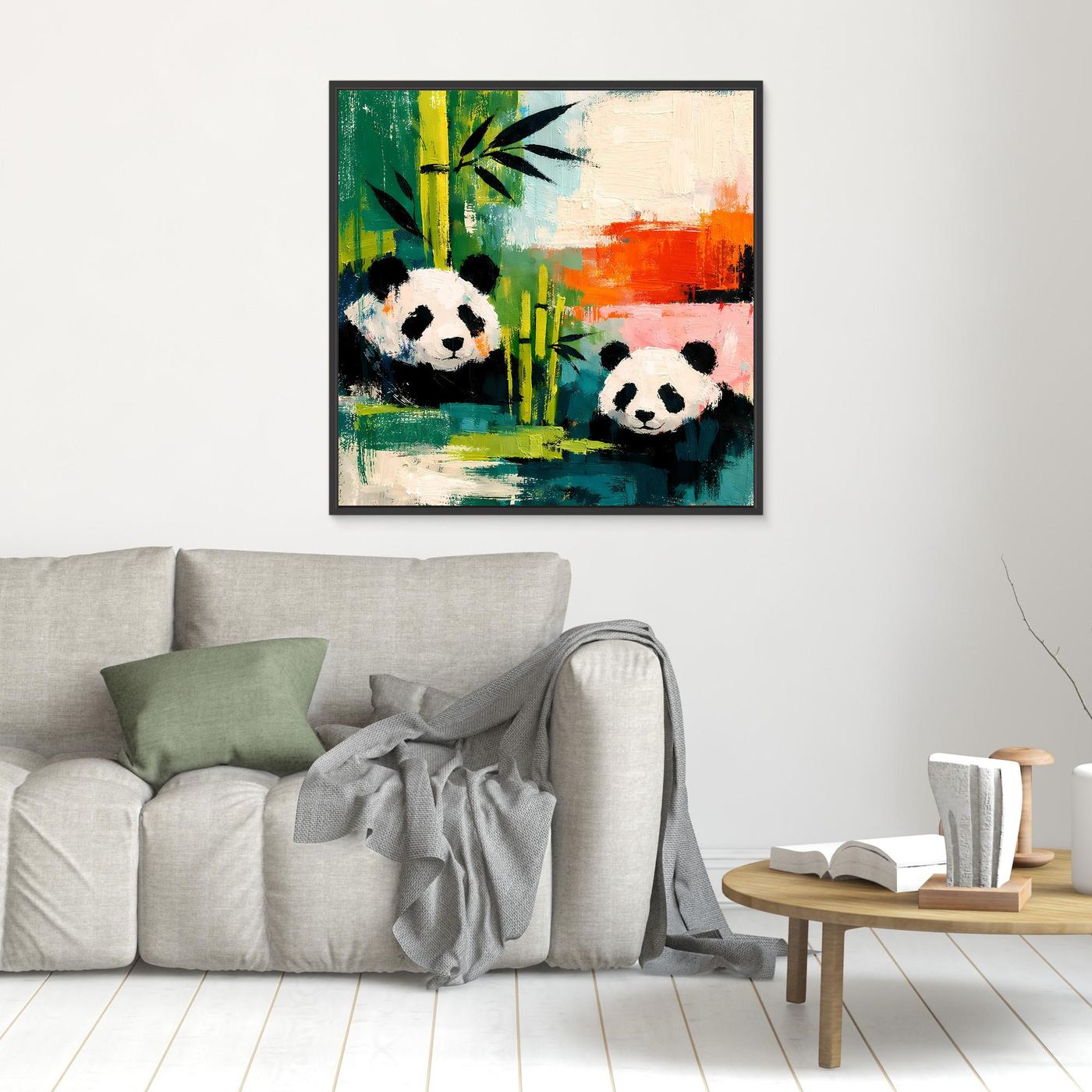 Panda and bamboo abstract canvas wall art in a small dark frame
