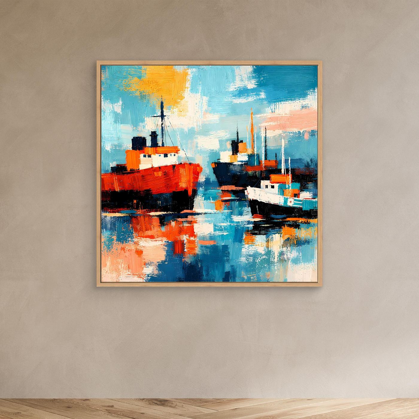 Leinwand-Wandbild mit abstrakten Schiffen im Hafen im Eichenrahmen, blau-rot