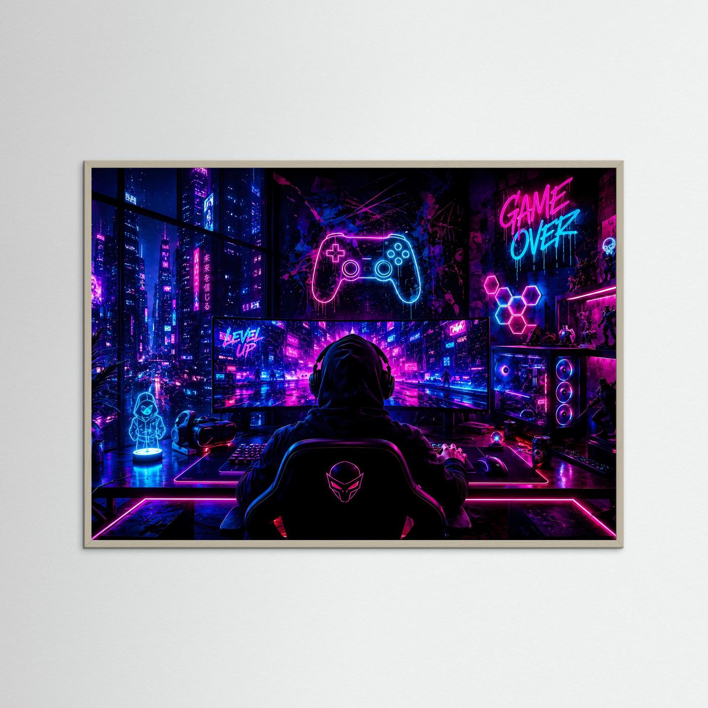 Gaming Setup Poster | Cyberpunk Gamer Zimmer mit Neon RGB Beleuchtung | Futuristische Gaming Wandkunst