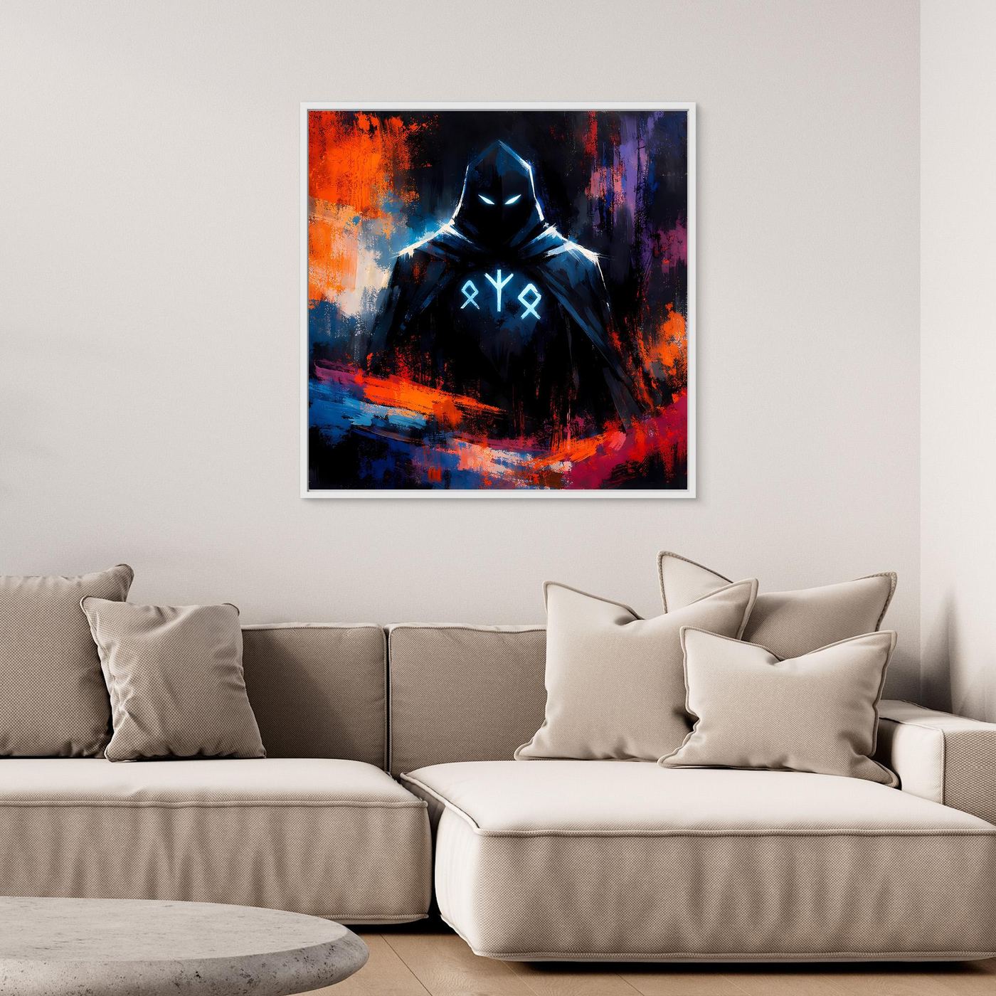 Quadratisches Fantasy-Leinwandbild mit Magiergestalt und glühenden Runen