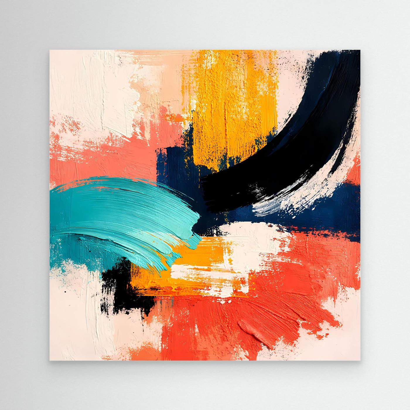 Abstract canvas wall art with coral, yellow, teal, navy, and black brush strokes.