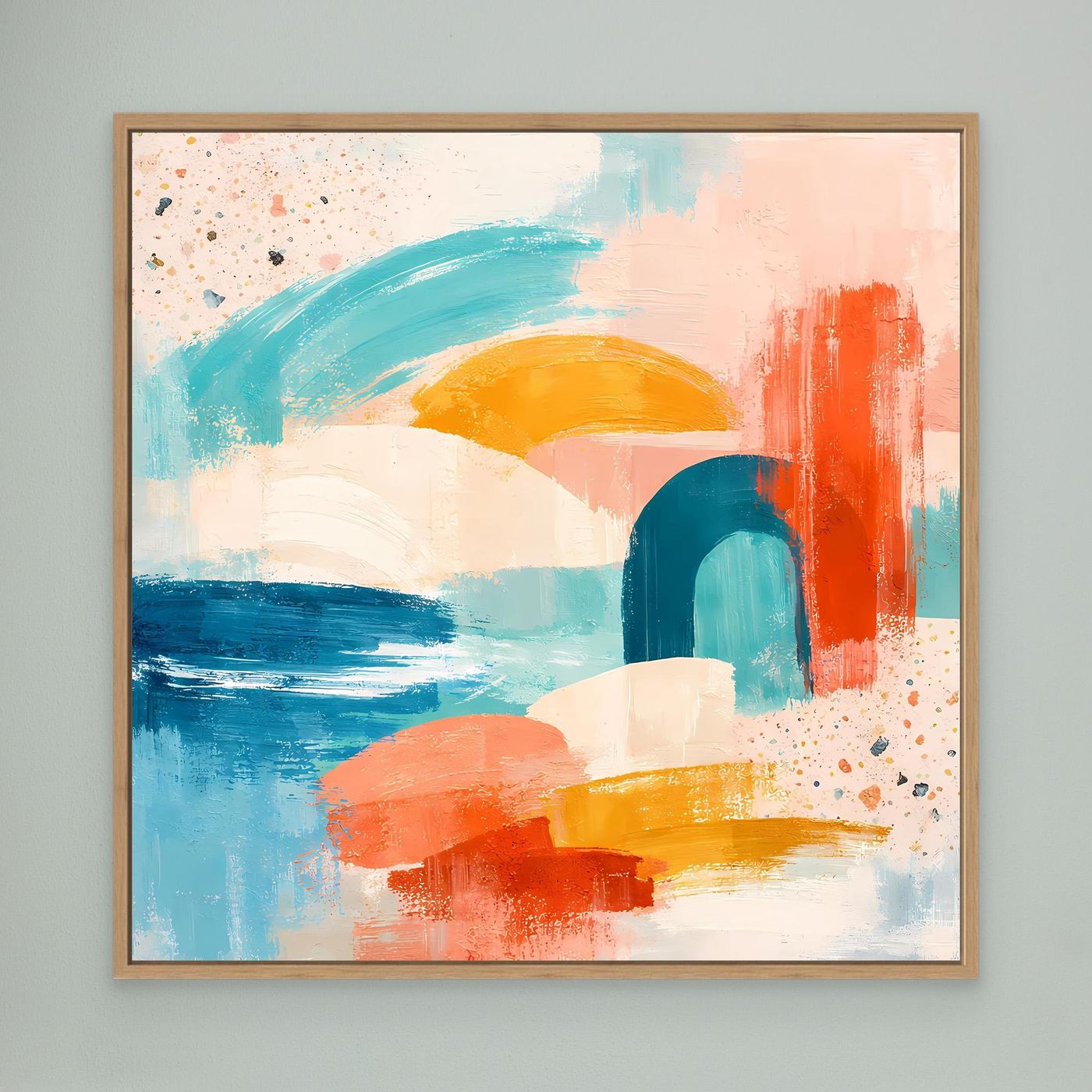 Oak-framed abstract pastel canvas wall art with teal, peach, orange and blue blocks