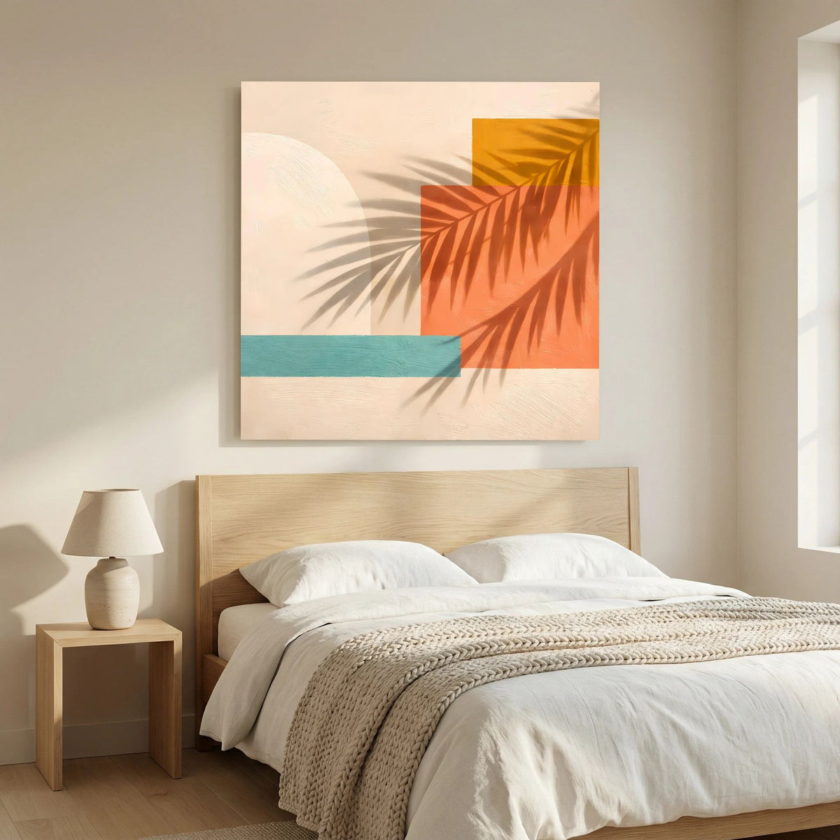 Leinwand Abstrakte Geometrie mit Palmenschatten | Modernes Boho Wandbild Terracotta