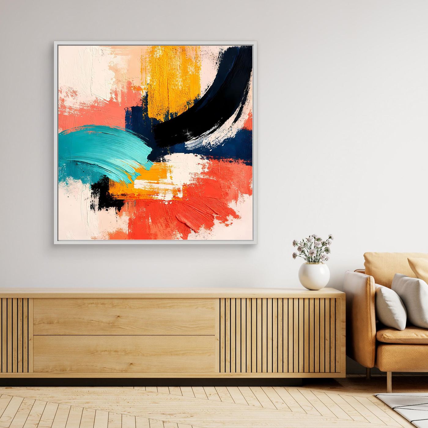 Abstract canvas wall art with orange, teal, red and navy brushstrokes; black frame