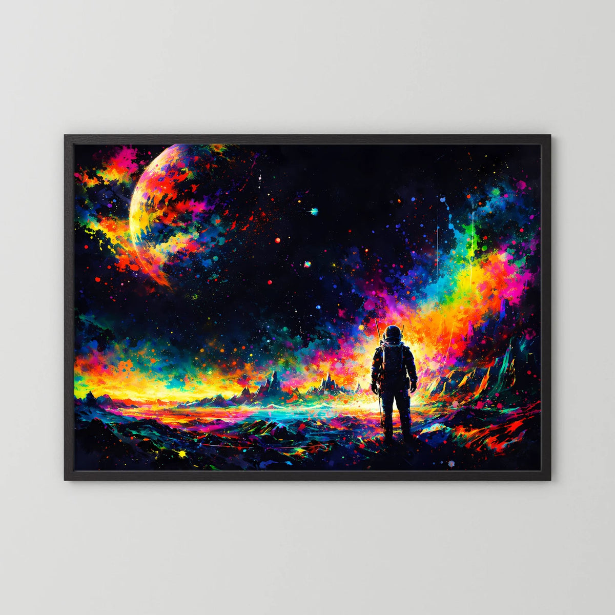 Wandbild mit Astronauten-Silhouette und Neon-Kosmos, schwarze Rahmung, querformat