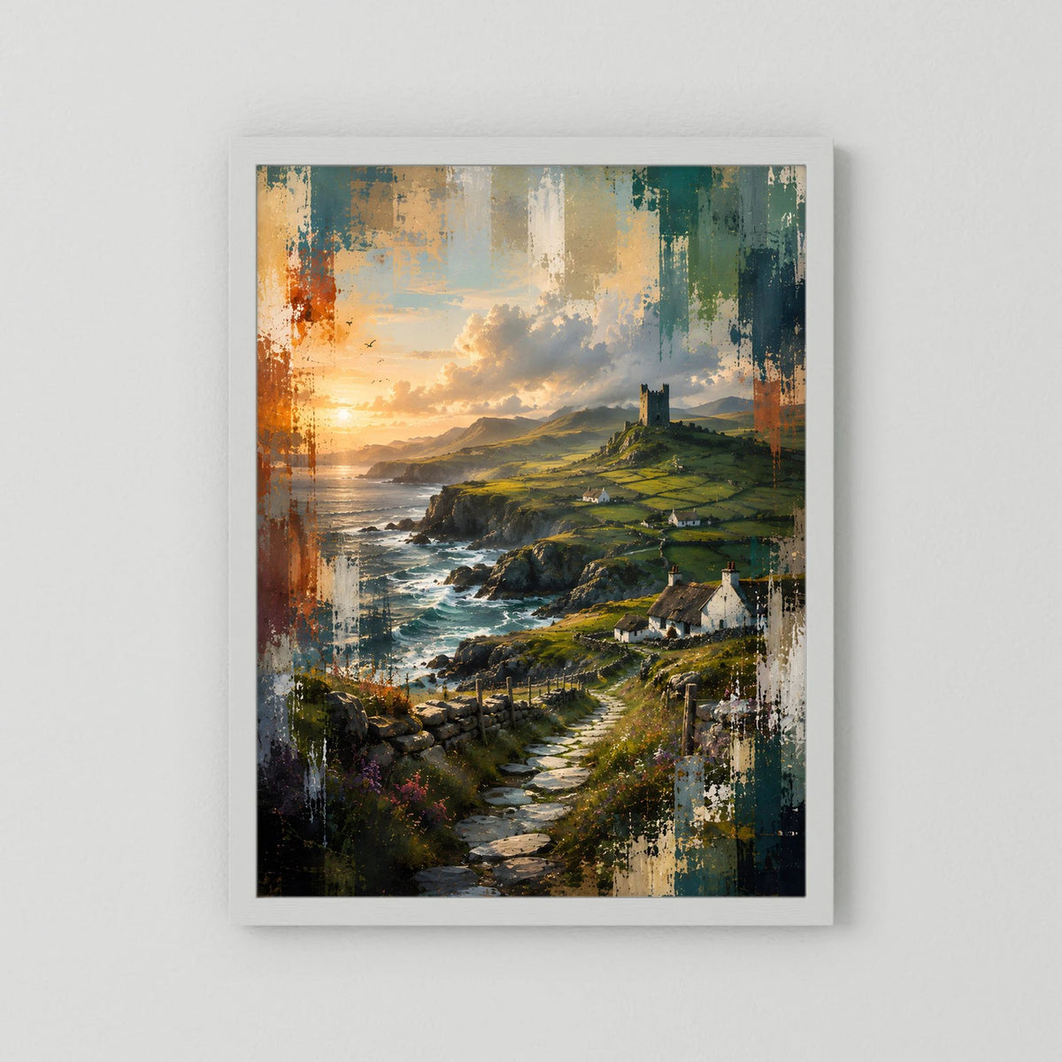 Landschaftsposter im Hochformat mit Küstenweg, Meer und Klippen, heller Holzrahmen mit weißem Rand