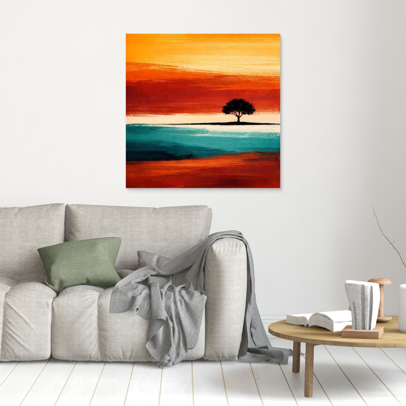 Leinwandbild mit abstraktem Baum am Horizont, türkis- und orangefarbener Landschaft, goldfarbener Rahmen