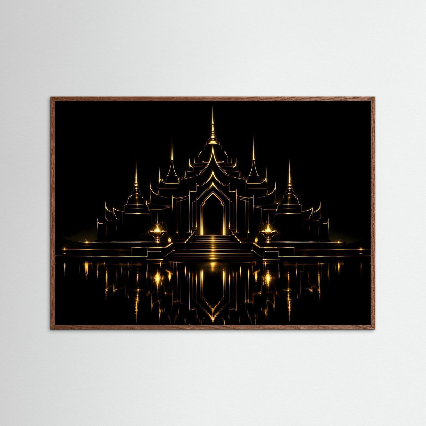 Wandbild mit goldener Tempel-Architektur und Spiegelung auf dunklem Hintergrund, brauner Rahmen