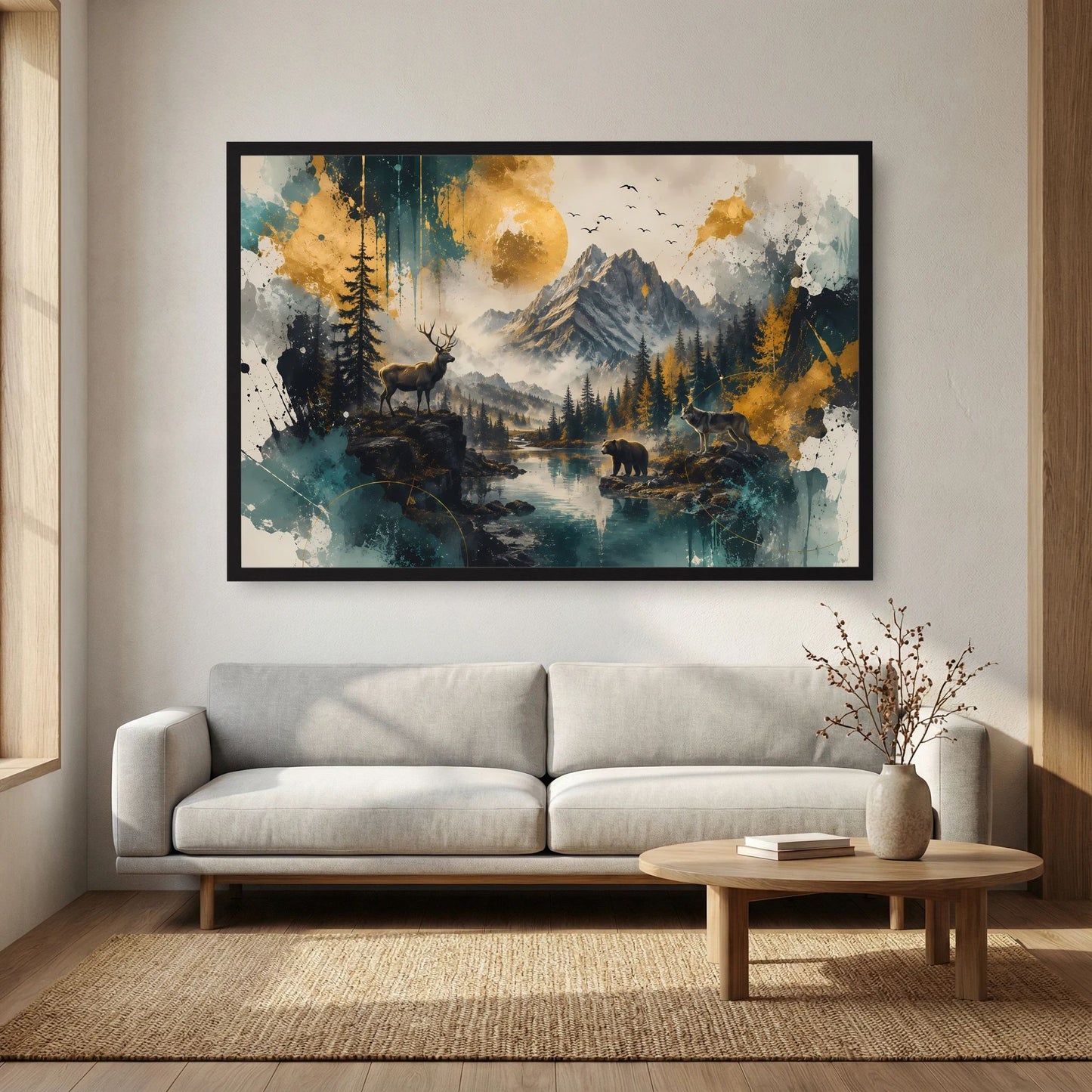 Wildtiere in majestätischer Berglandschaft | Hirsch Wolf und Bär | Poster Querformat