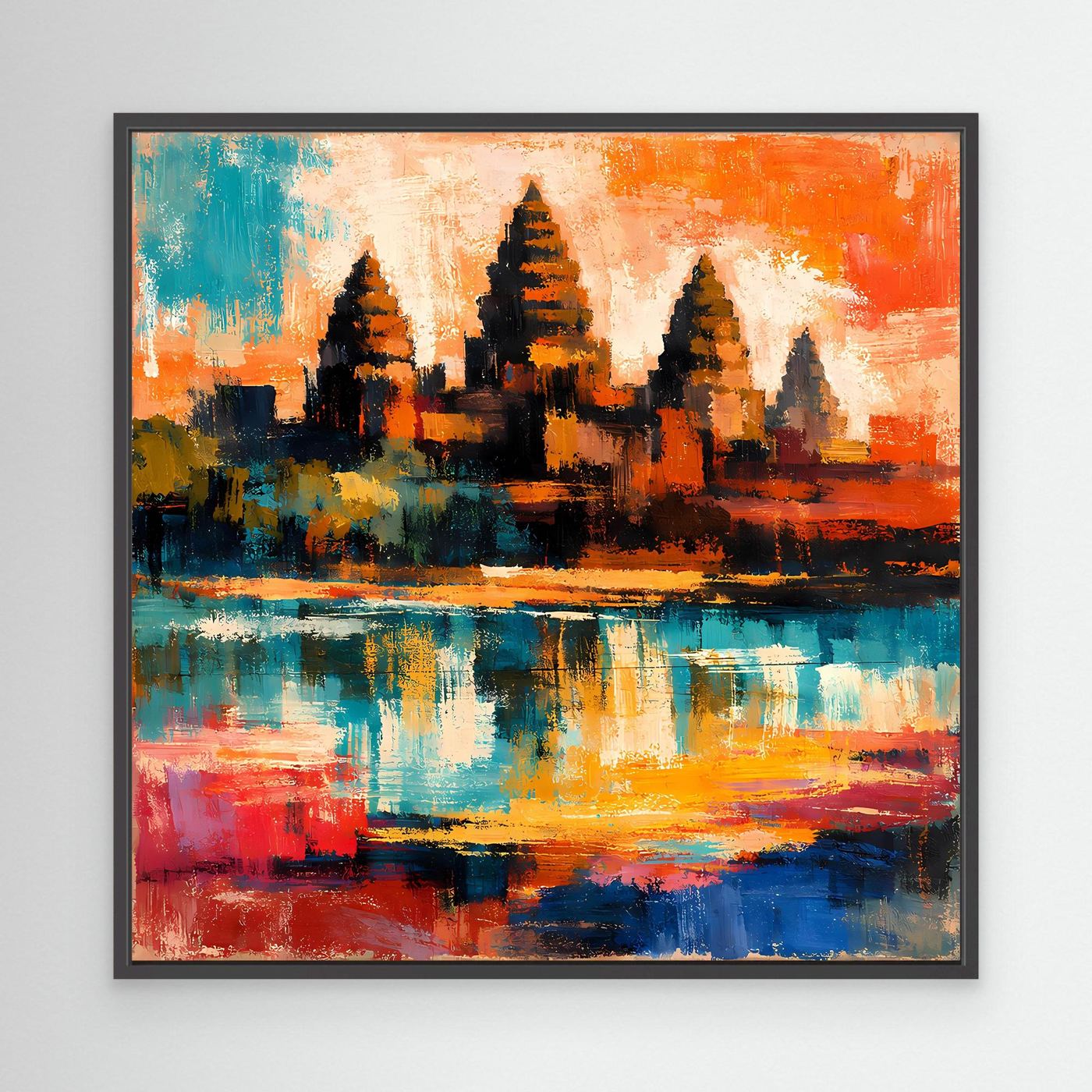 Leinwand-Wandbild mit schwarzem Rahmen, abstrakte Maya-Pyramide in Orange-Blau und Spiegelung