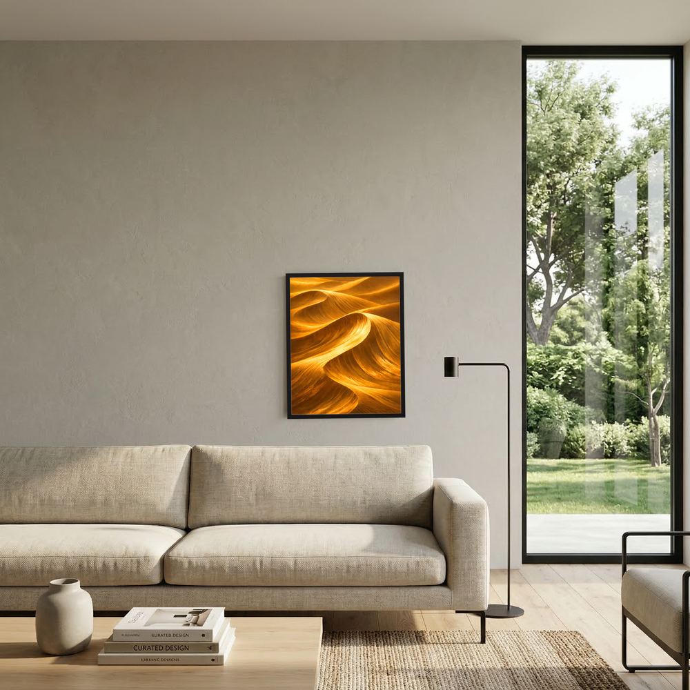 Quadratisches, gerahmtes Poster mit goldenen Sanddünen-Wellen auf beiger Wand