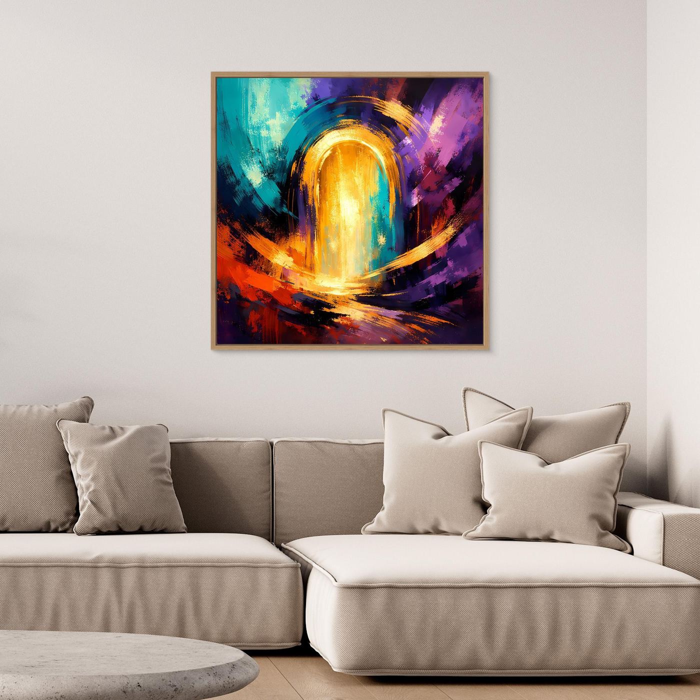 Abstraktes Wandbild mit golden leuchtendem Portal, gerahmt mit braunem Rahmen.