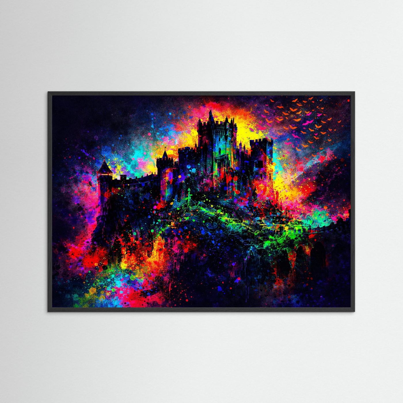Mystisches Buntes Schloss bei Nacht | Fantasy Burg Wandbild & Kunst Poster Querformat