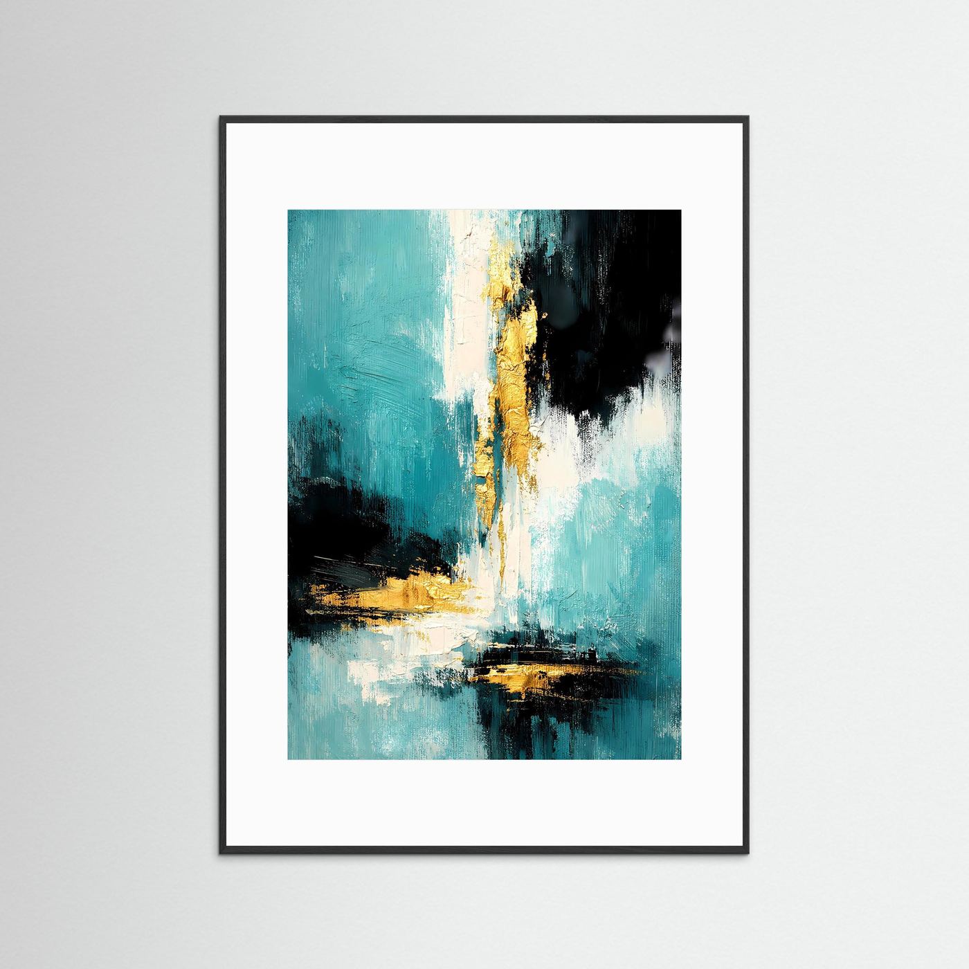 Abstraktes Acrylposter im Hochformat mit schwarzem Rahmen und weißem Passepartout; türkis, gold.