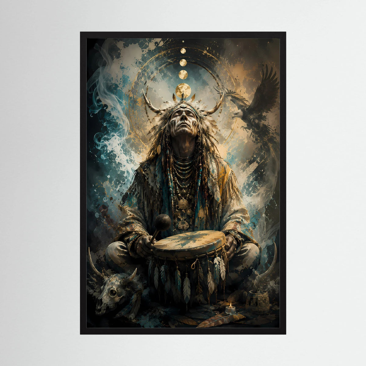 Hochformatiges Kunstposter: Schamane mit Trommel und Adler, gold-blau, schwarz gerahmt