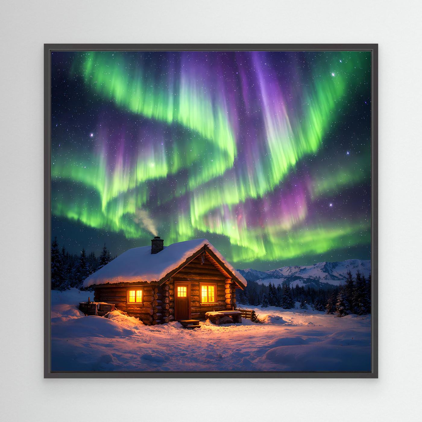 Leinwandbild mit Polarlichtern und Hütte im Winter, schwarzer Rahmen, warmes Fensterlicht