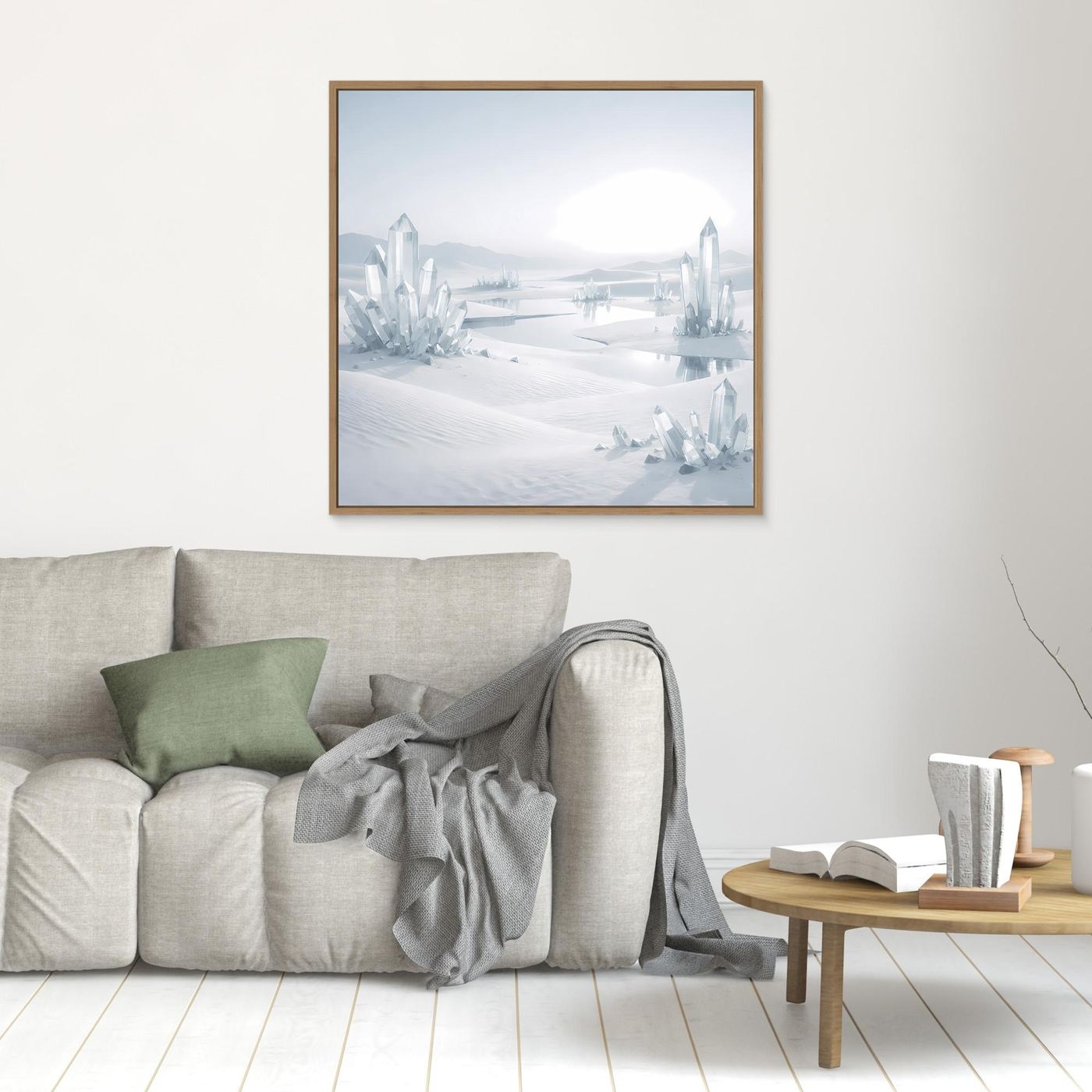 Leinwandbild mit Holzrahmen: Eisberg-Kristalllandschaft mit weitem verschneiten Tal.