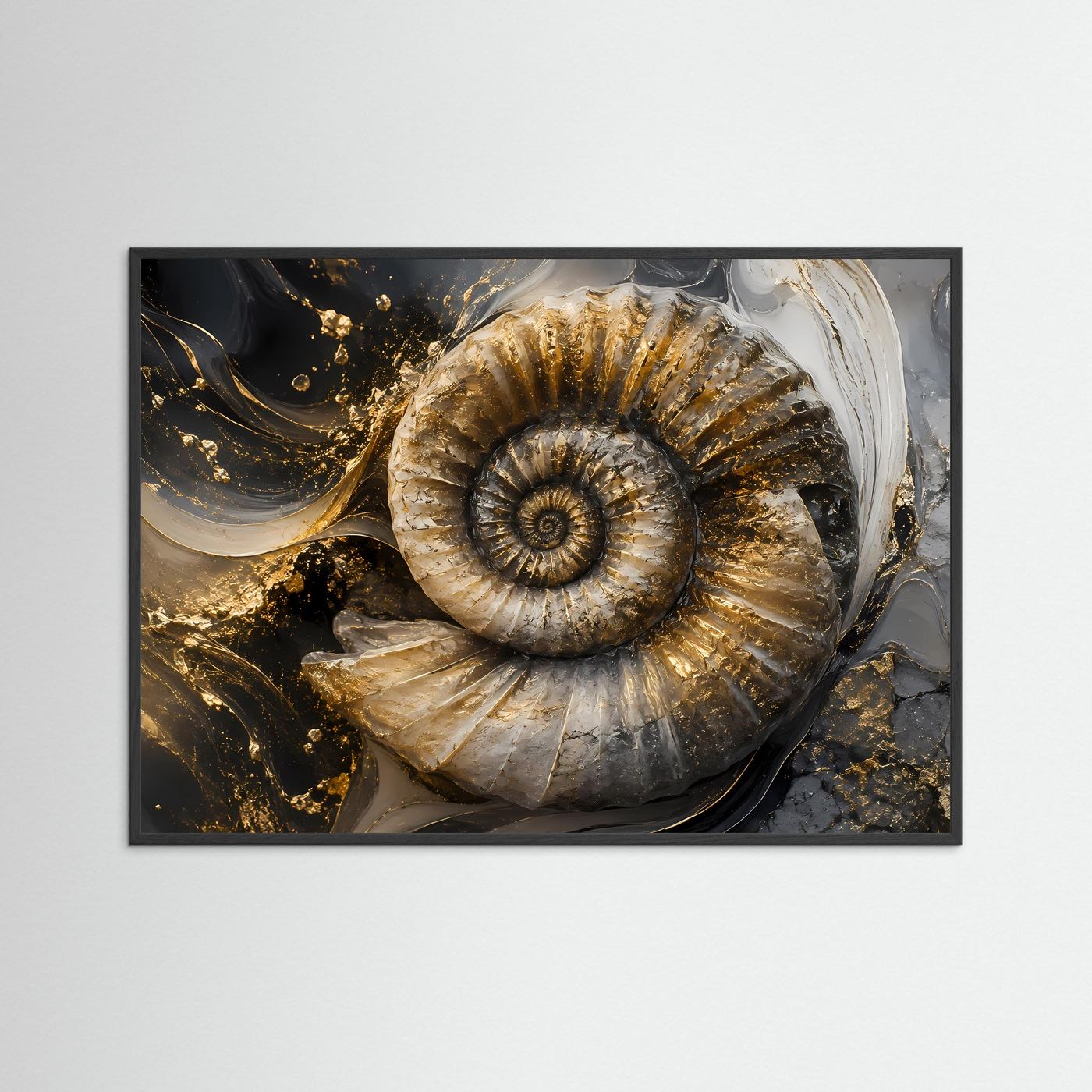 Ammonit Fossil Gold Schwarz | Luxuriöse Geologische Wandkunst | Abstraktes Natur Poster | Elegante Spiral Fossilie | Moderne Leinwand