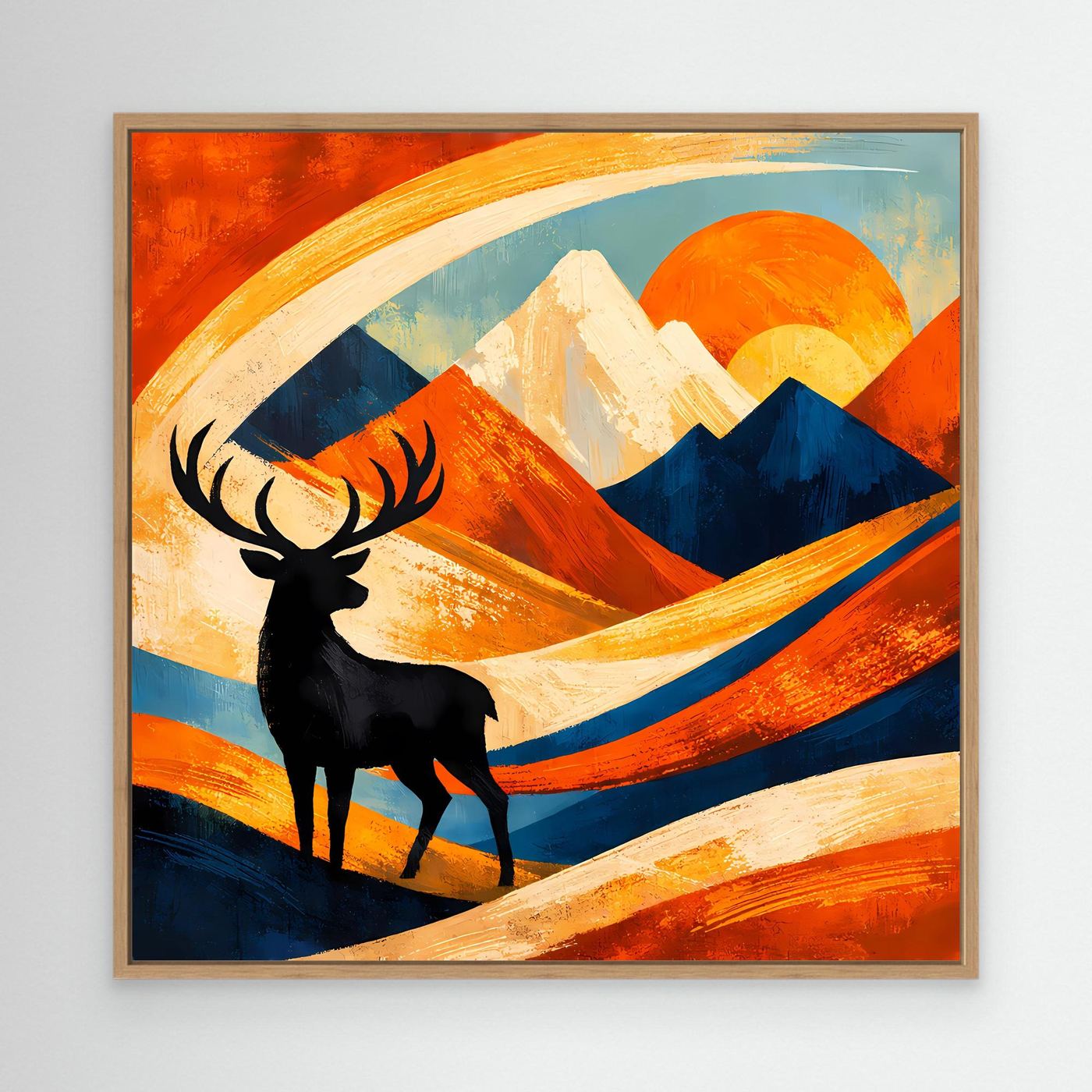 Gerahmtes Leinwand-Wandbild: Hirsch vor Berglandschaft mit großer Sonne, orange-blau