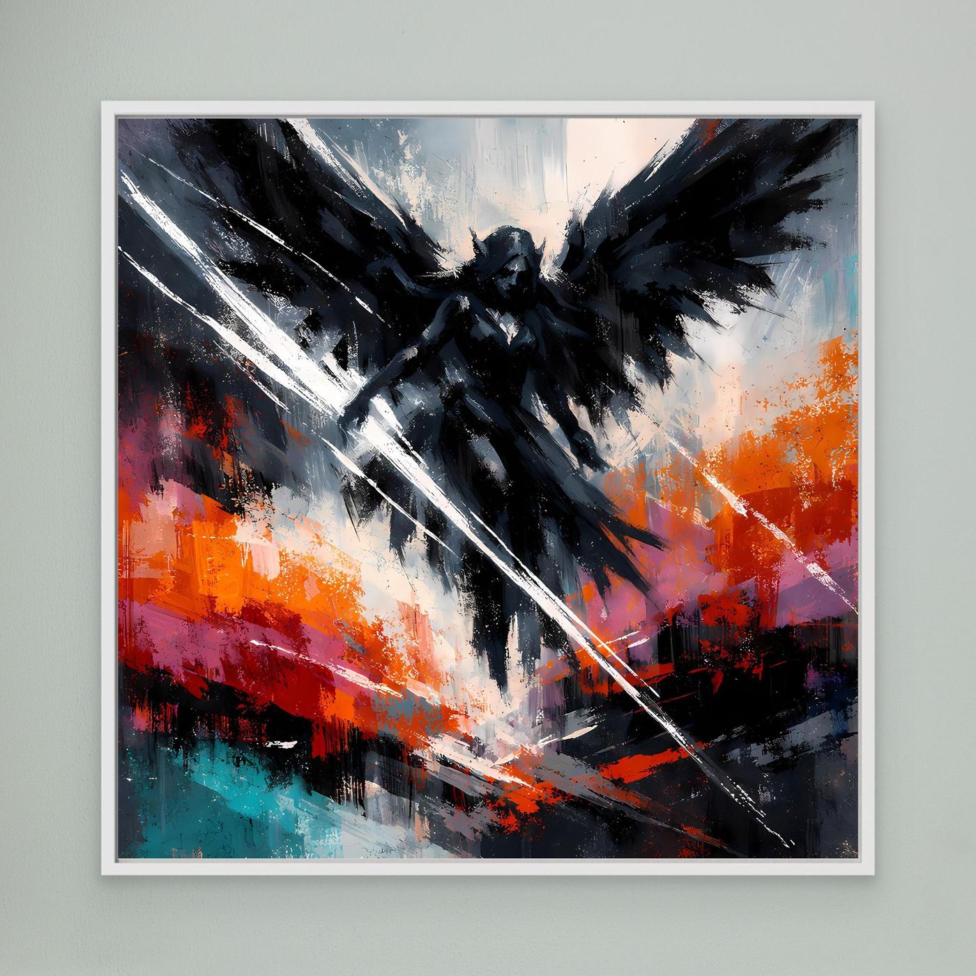 Fantasy-Wandbild: schwarzer geflügelter Engel, abstrakt Orange/Türkis, silberne Streifen, weißer Rahmen