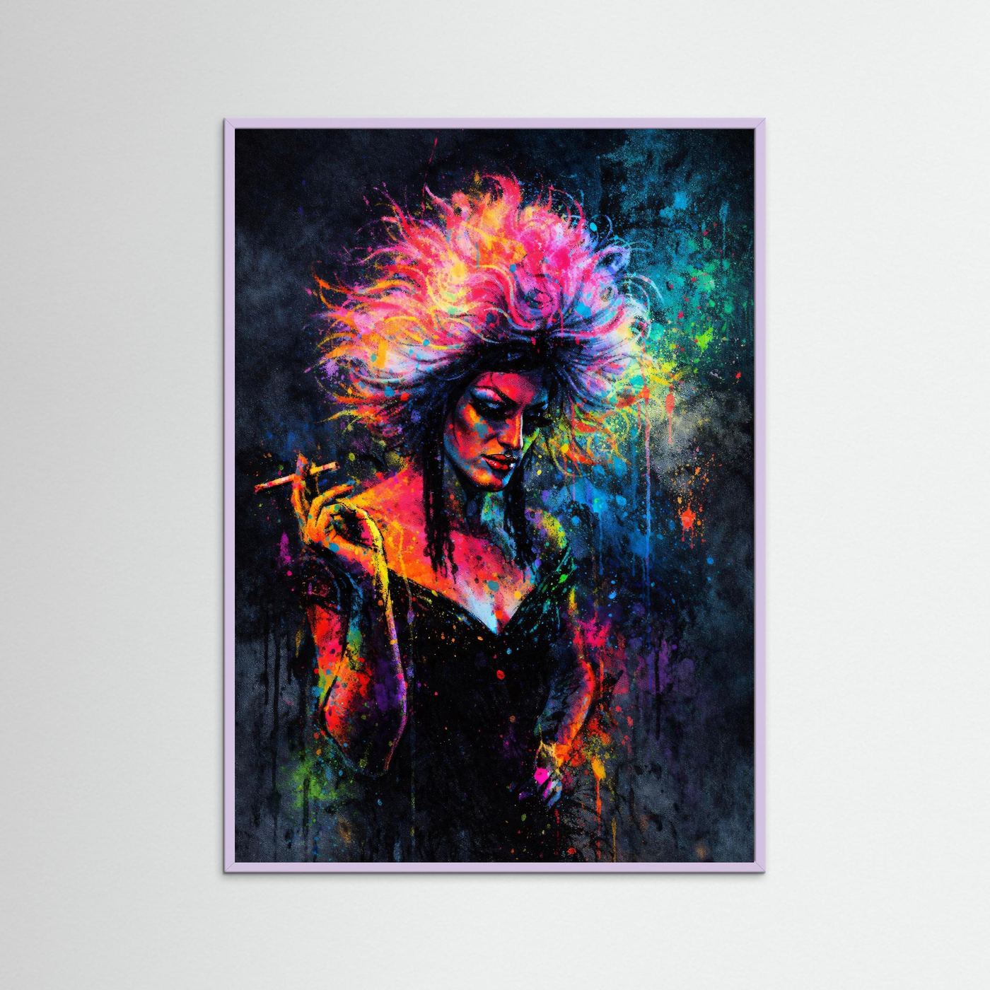 Poster mit Drag-Queen im Neon-Graffiti, violetter Rand