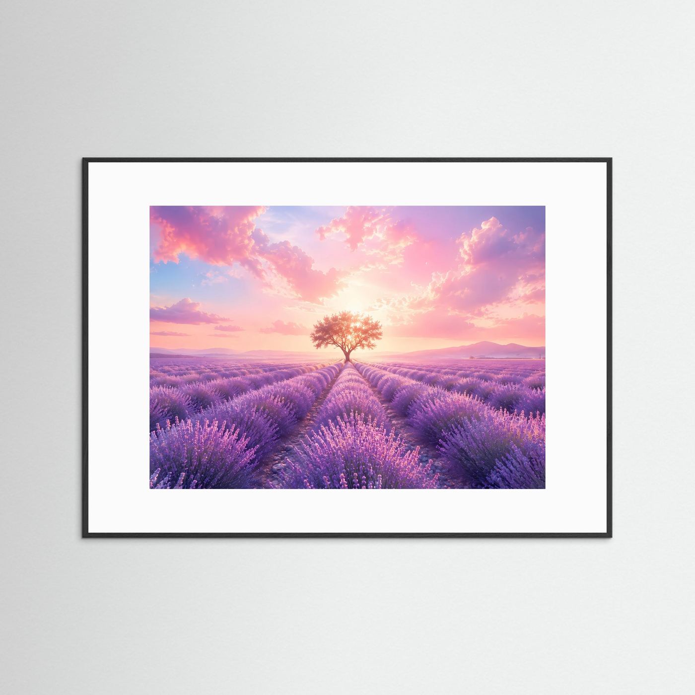 Lavendelfeld Poster | Sonnenuntergang Landschaft | Baum des Lebens Wandbild | Provence Natur Kunst | Romantischer Fine Art Print