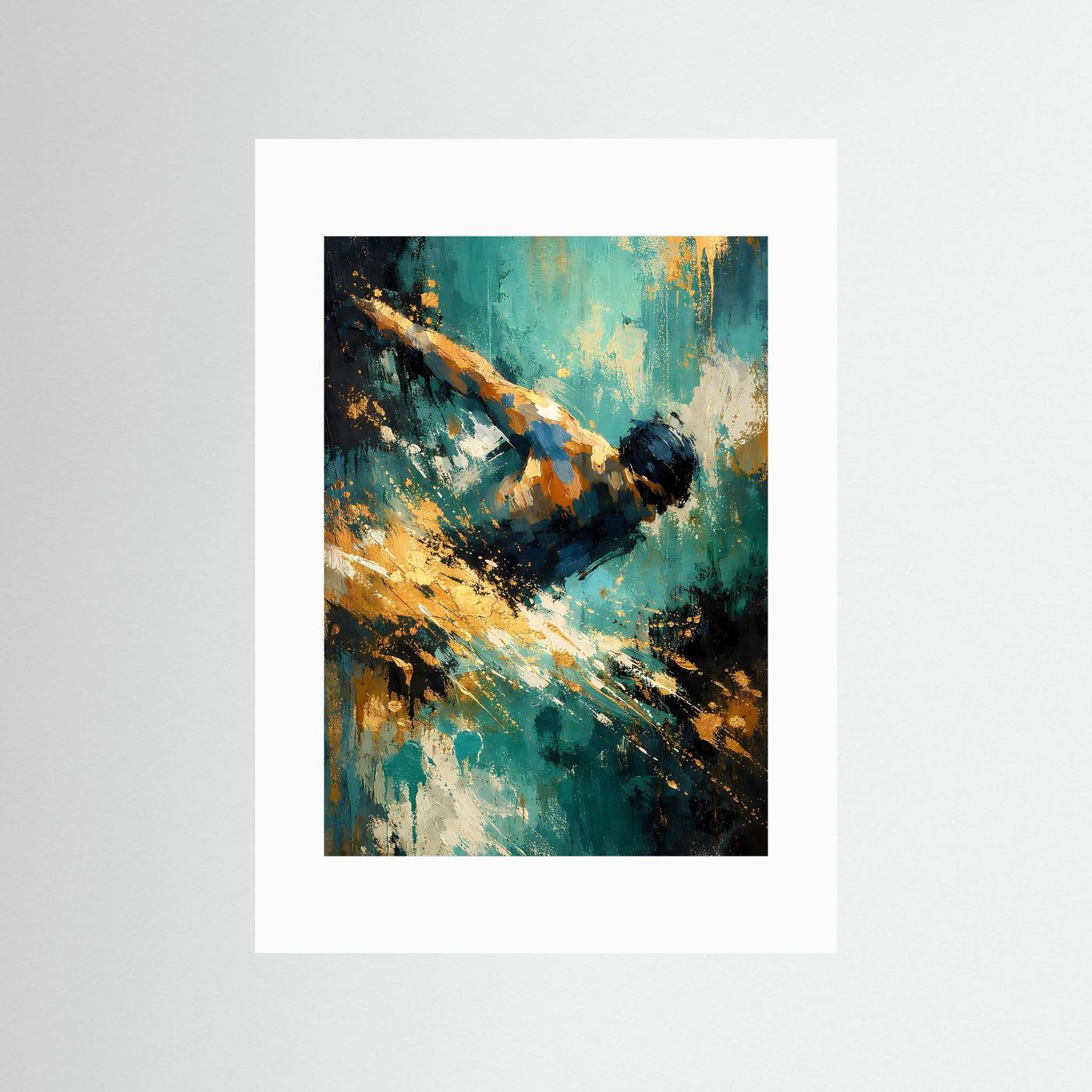 Abstraktes Schwimmer-Poster mit weißem Passepartout, türkis-petrol & gold, Hochformat