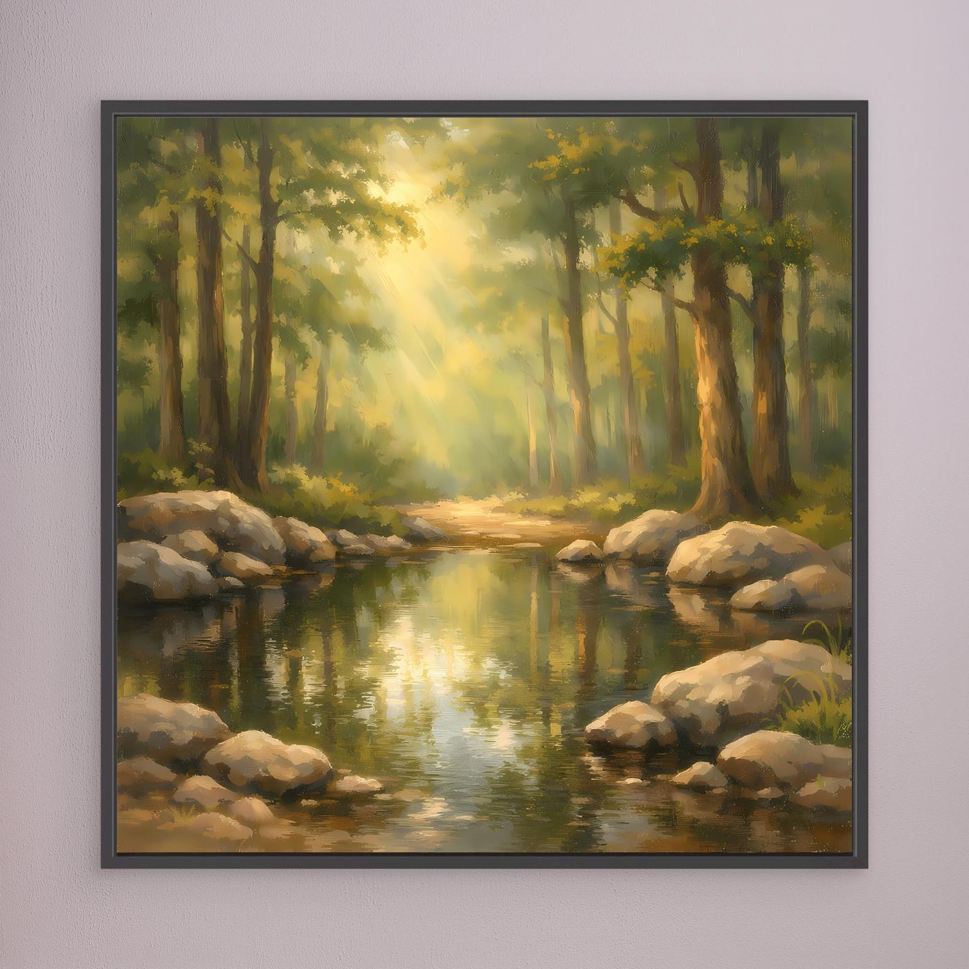Leinwandbild Wald und Bach mit Sonnenstrahlen, schwarzer Rahmen, Licht im Bach