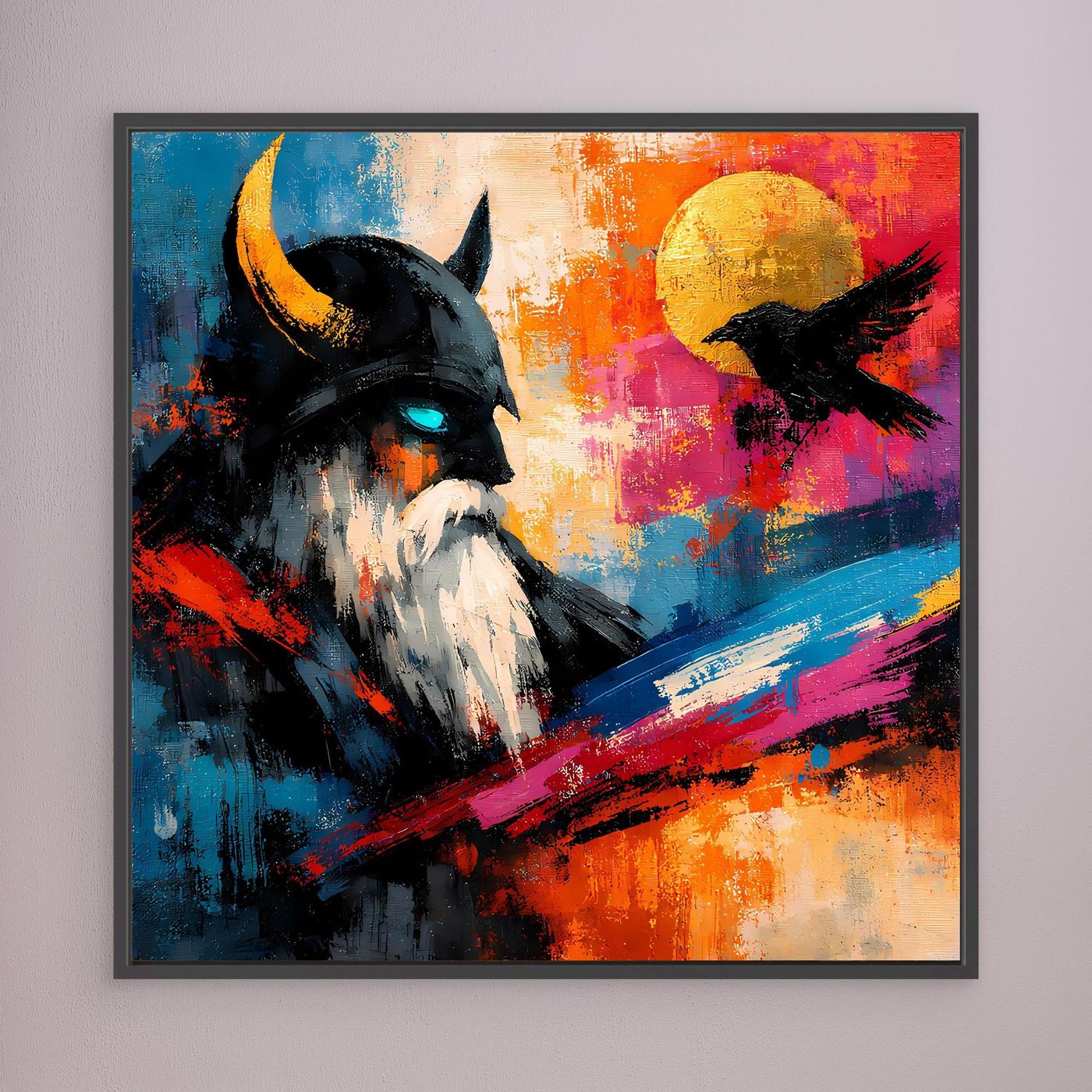 Leinwand-Wandbild mit abstraktem Odin und Rabe, mehrfarbig, mit schwarzem Rahmen