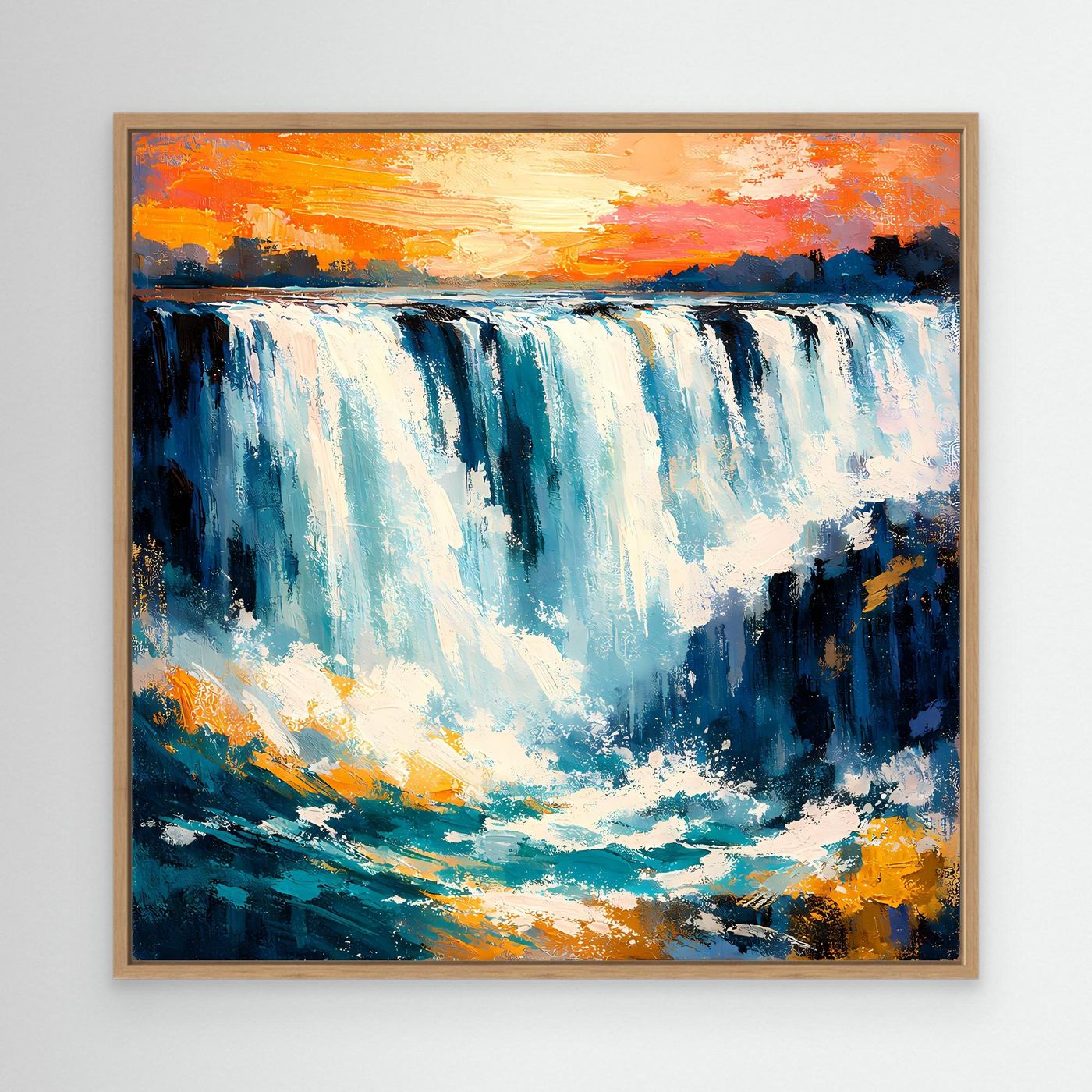 Abstraktes Leinwand-Wandbild mit Wasserfall, Blau- und Orangetönen, mit Holzrahmen