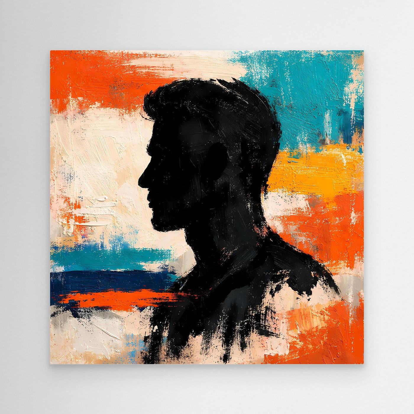 Abstract canvas wall art with black male side-profile silhouette and colorful brush strokes
