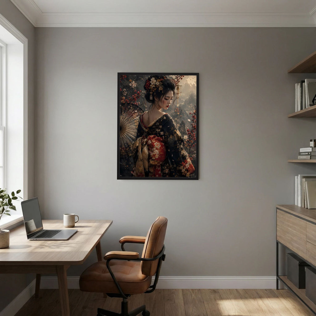 Poster mit japanischer Geisha im floralen Kimono, schwarzer Rahmen, Blick zur Seite