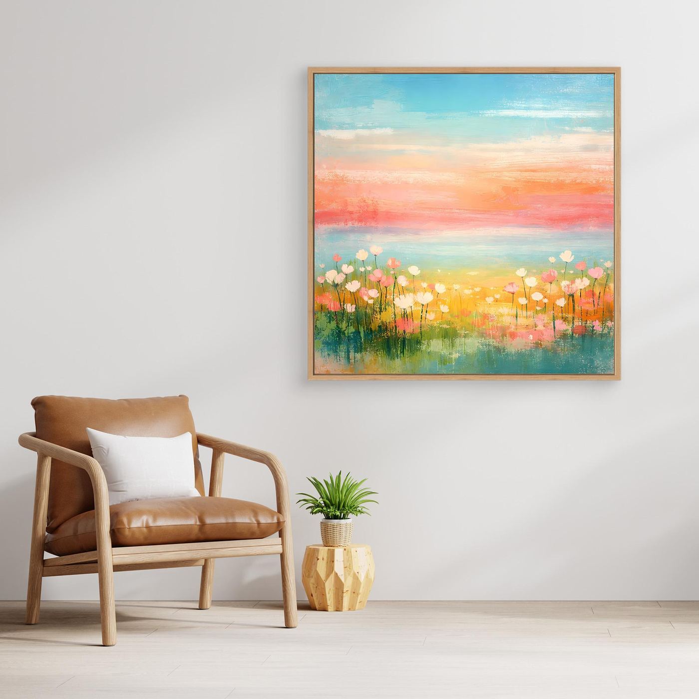 Leinwand-Wandbild mit Küstenlandschaft, Pastellmeer und Blumen, goldener Rahmen
