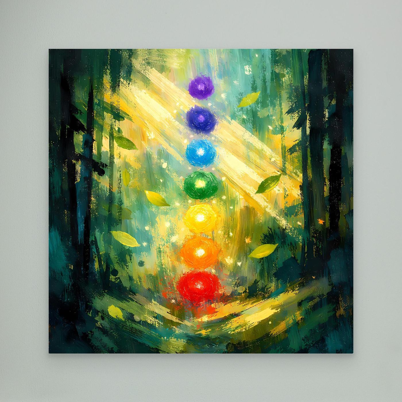 Leinwand-Wandbild mit Waldmotiv, leuchtenden sieben Chakren in Regenbogenfarben, ohne Rahmen.
