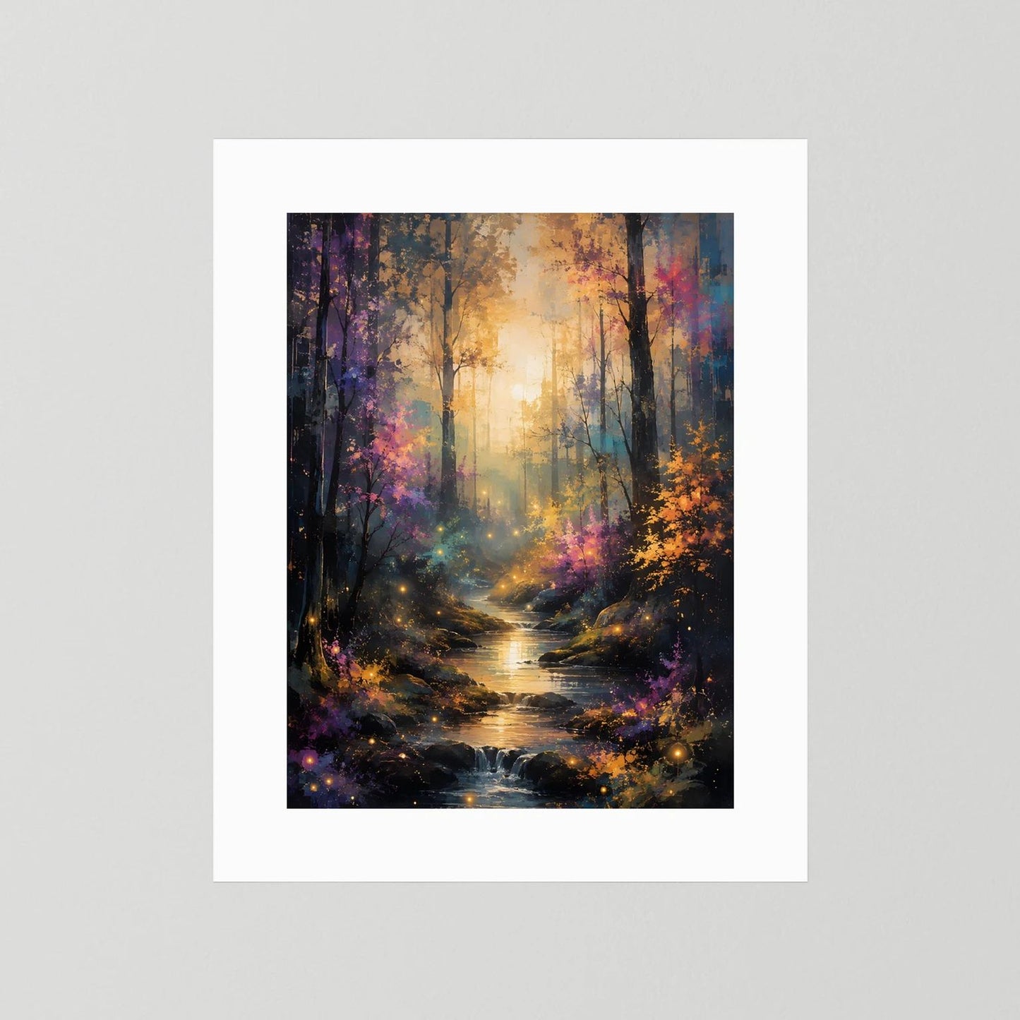 Wandkunst ohne Rahmen: mystischer Waldweg mit leuchtendem Bach, Hochformat auf weißem Träger