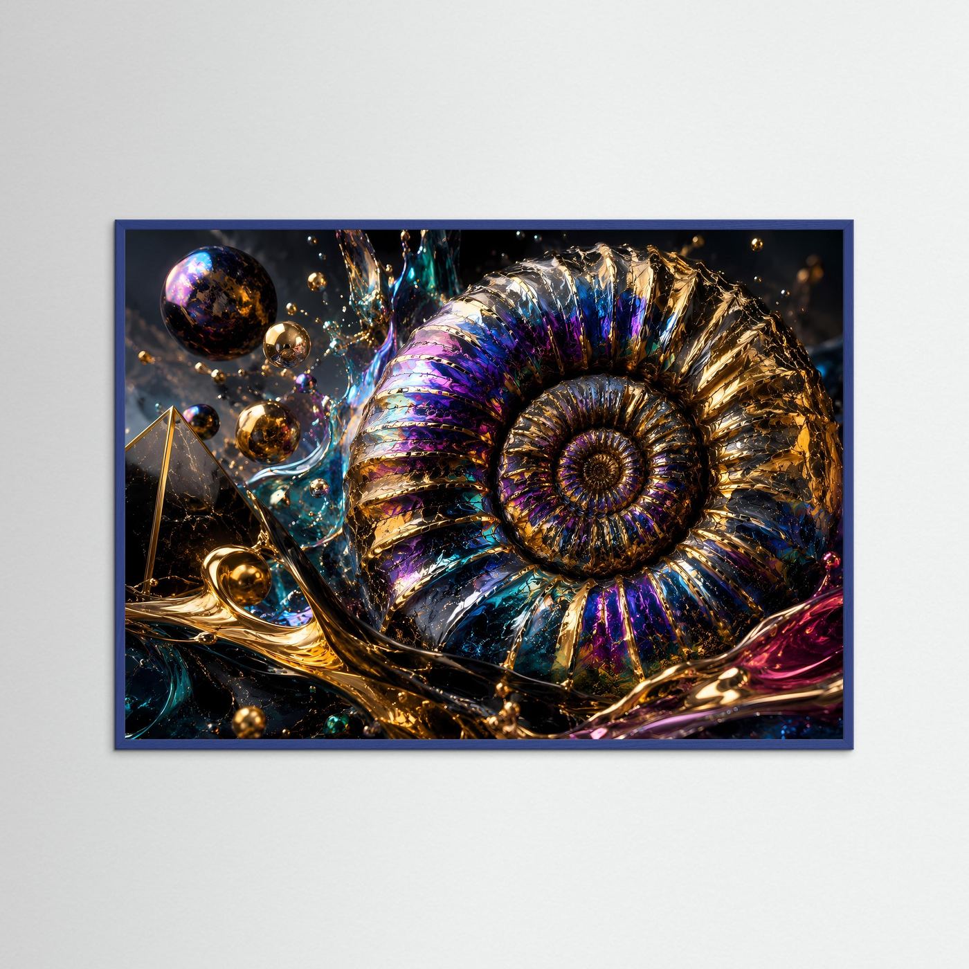 Ammonit Fossil Wandbild | Luxuriöse Geoden Kunst | Abstrakte Gold Blau Lila Wanddekoration | Moderne Premium Leinwand | Geometrische Naturkunst