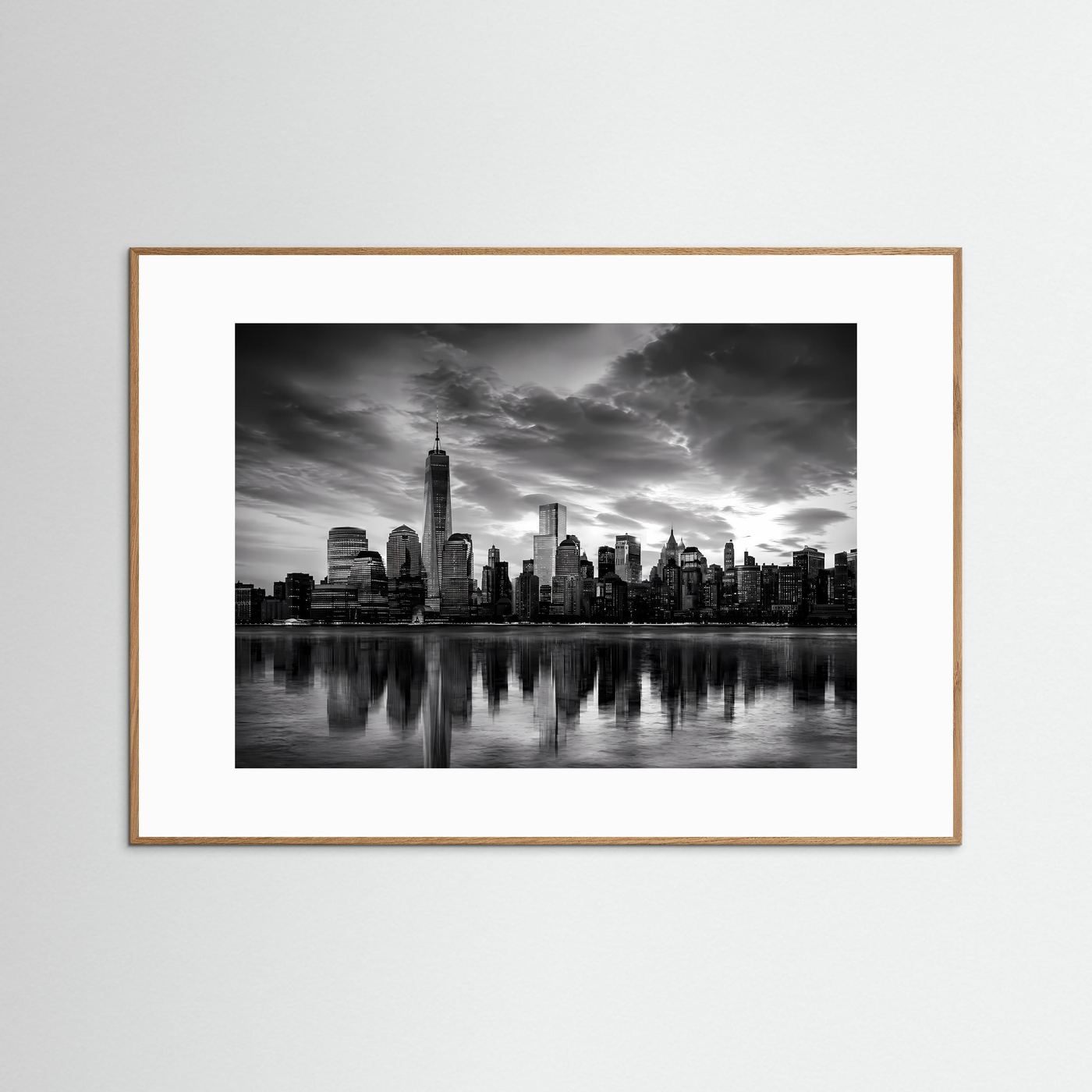 Schwarzweiß-Poster der Manhattan-Skyline, Querformat, naturfarbene Holzrahmung