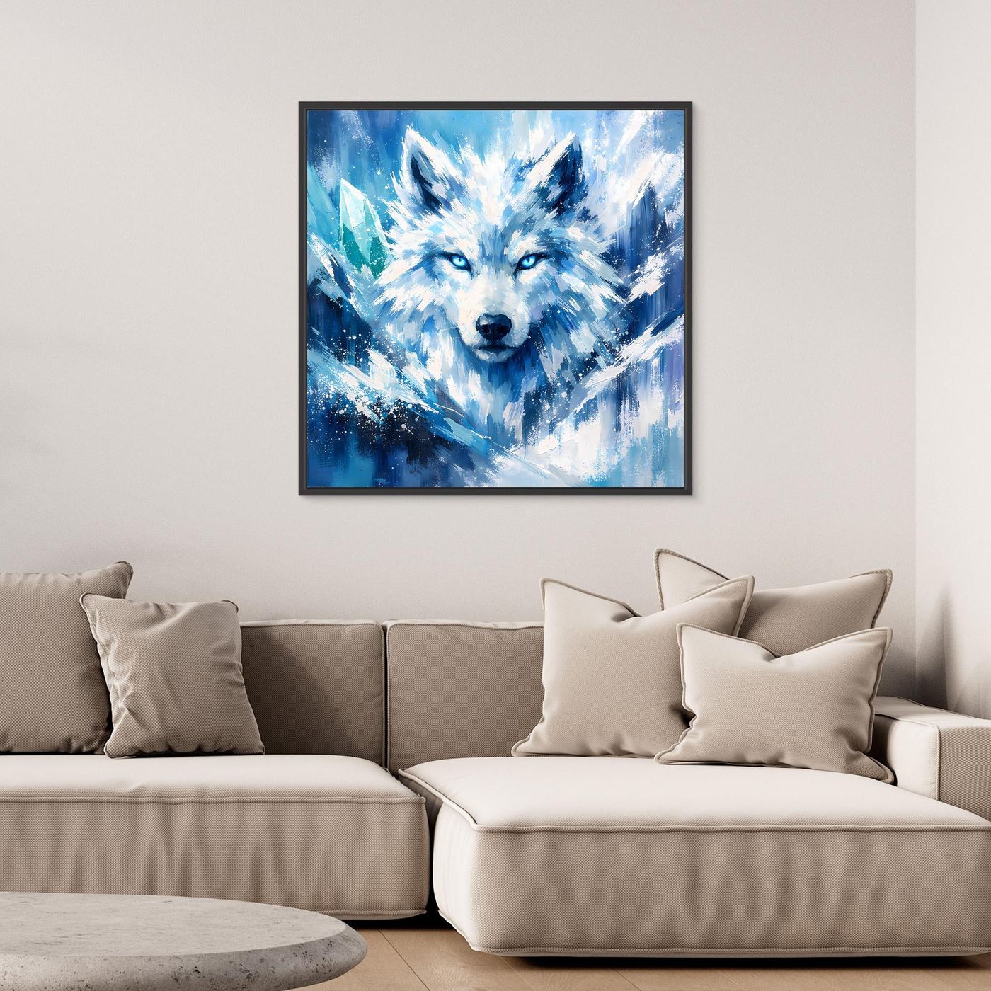 Wandbild mit abstraktem Eiswolf in Blau und Weiß, schwarzer Rahmen