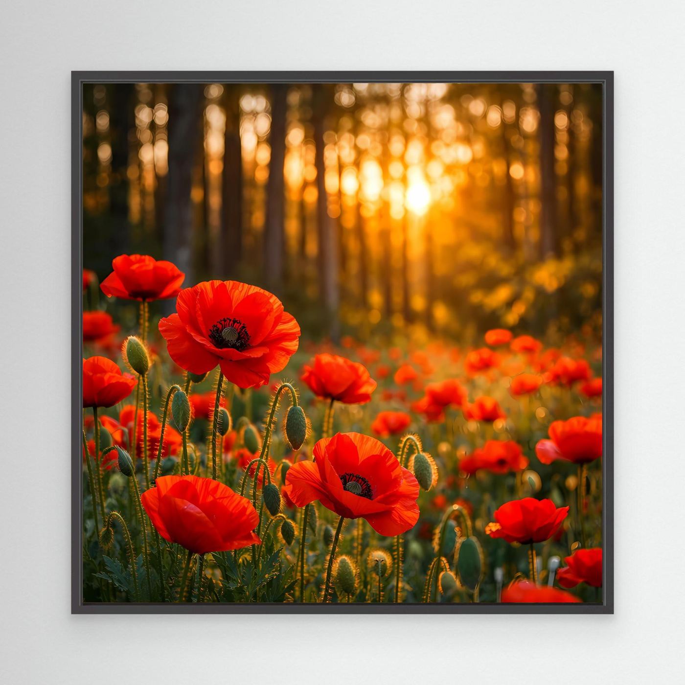 Leinwandbild mit roten Mohnblumen im goldenen Wald bei Sonnenuntergang, schwarzer Rahmen