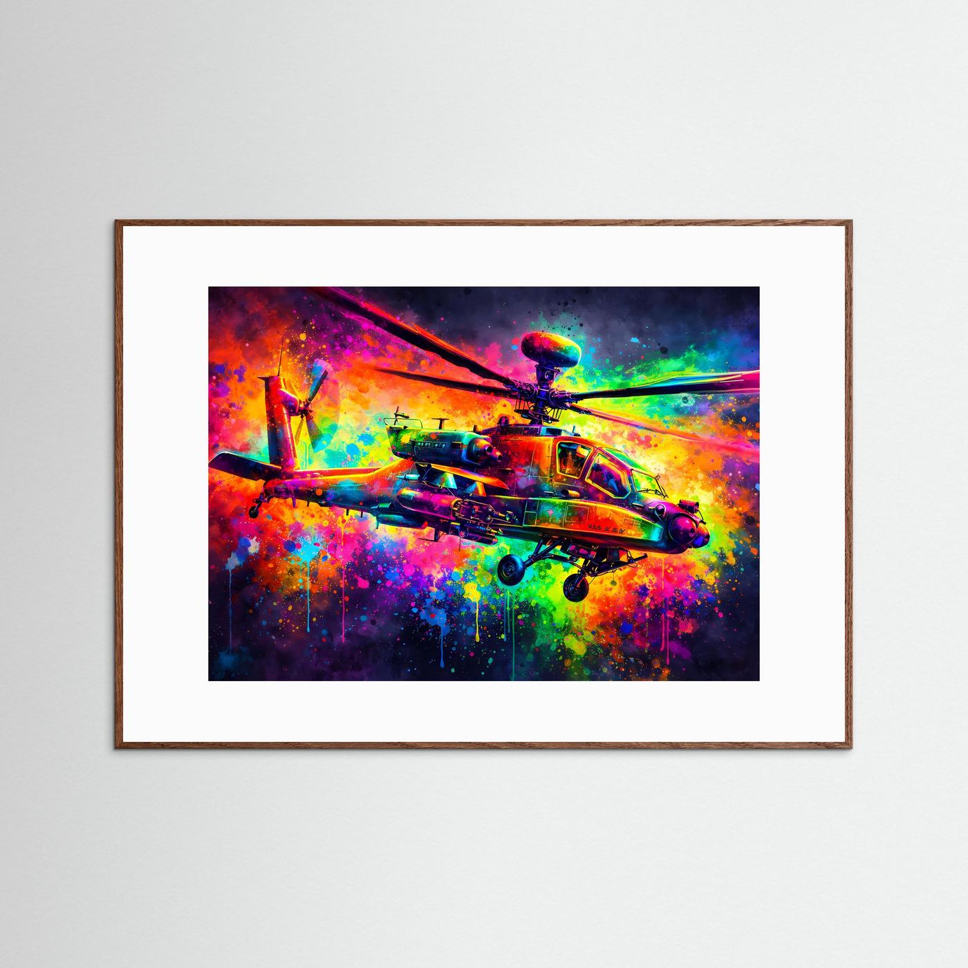 Helikopter-Poster im Querformat, farbiger Abstract-Druck mit braunem Holzrahmen