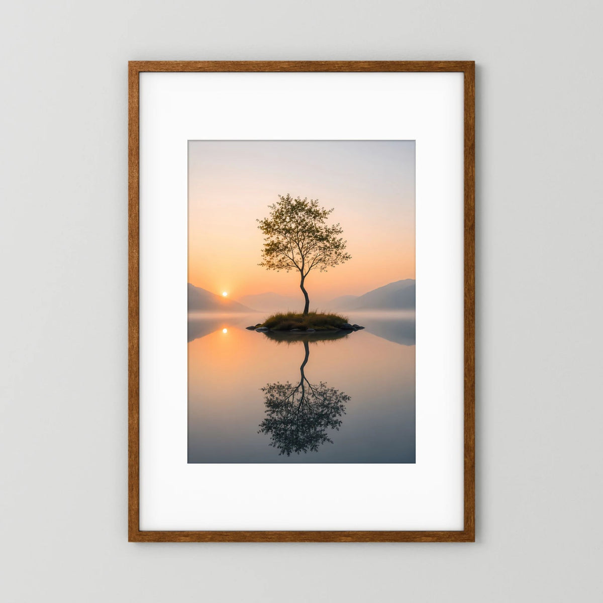 Hochformat-Poster: einsamer Baum auf Insel im See mit Spiegelung, brauner Holzrahmen