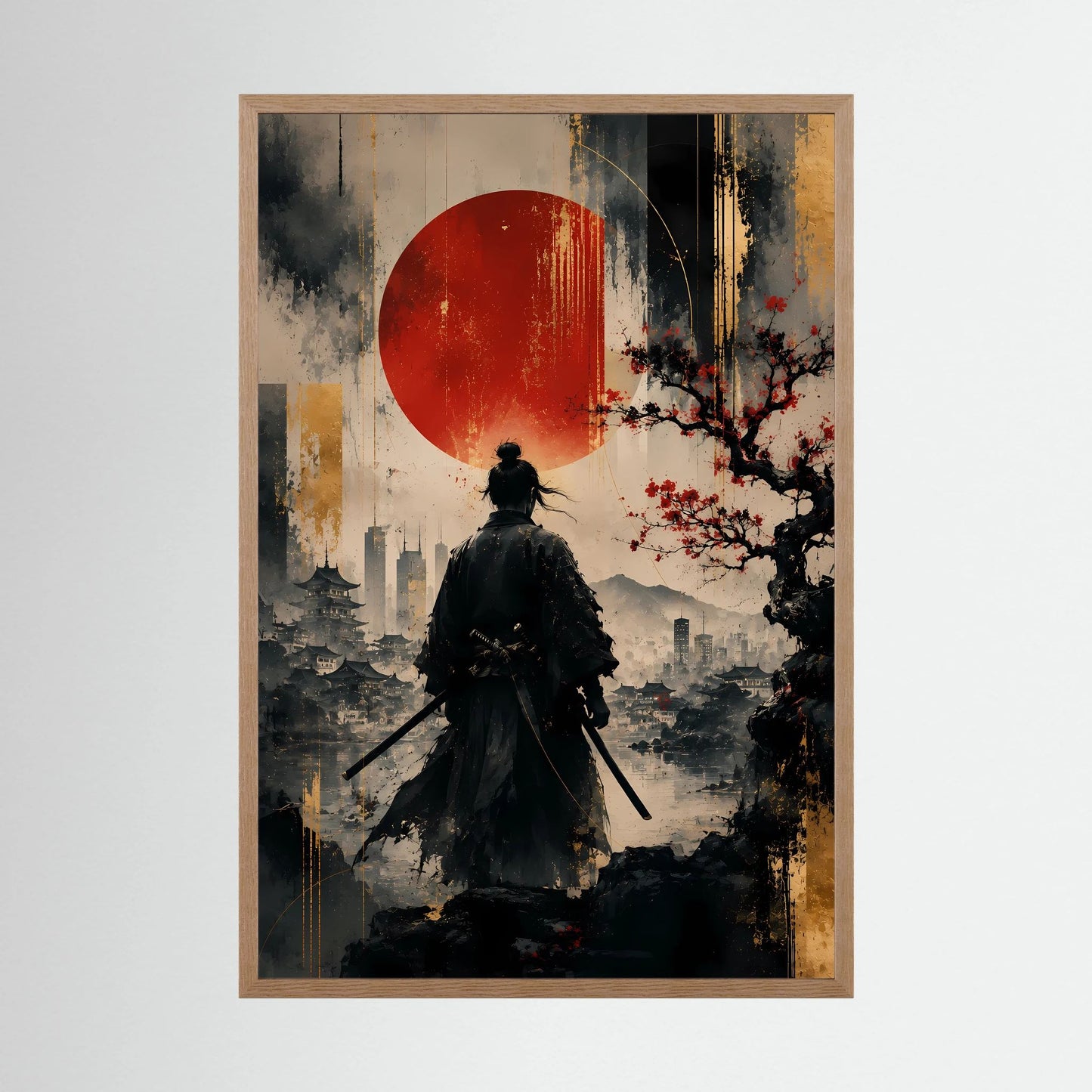 Hochformatiges Kunstposter im hellen Holzrahmen: Samurai-Silhouette, rote Sonne, Schwert